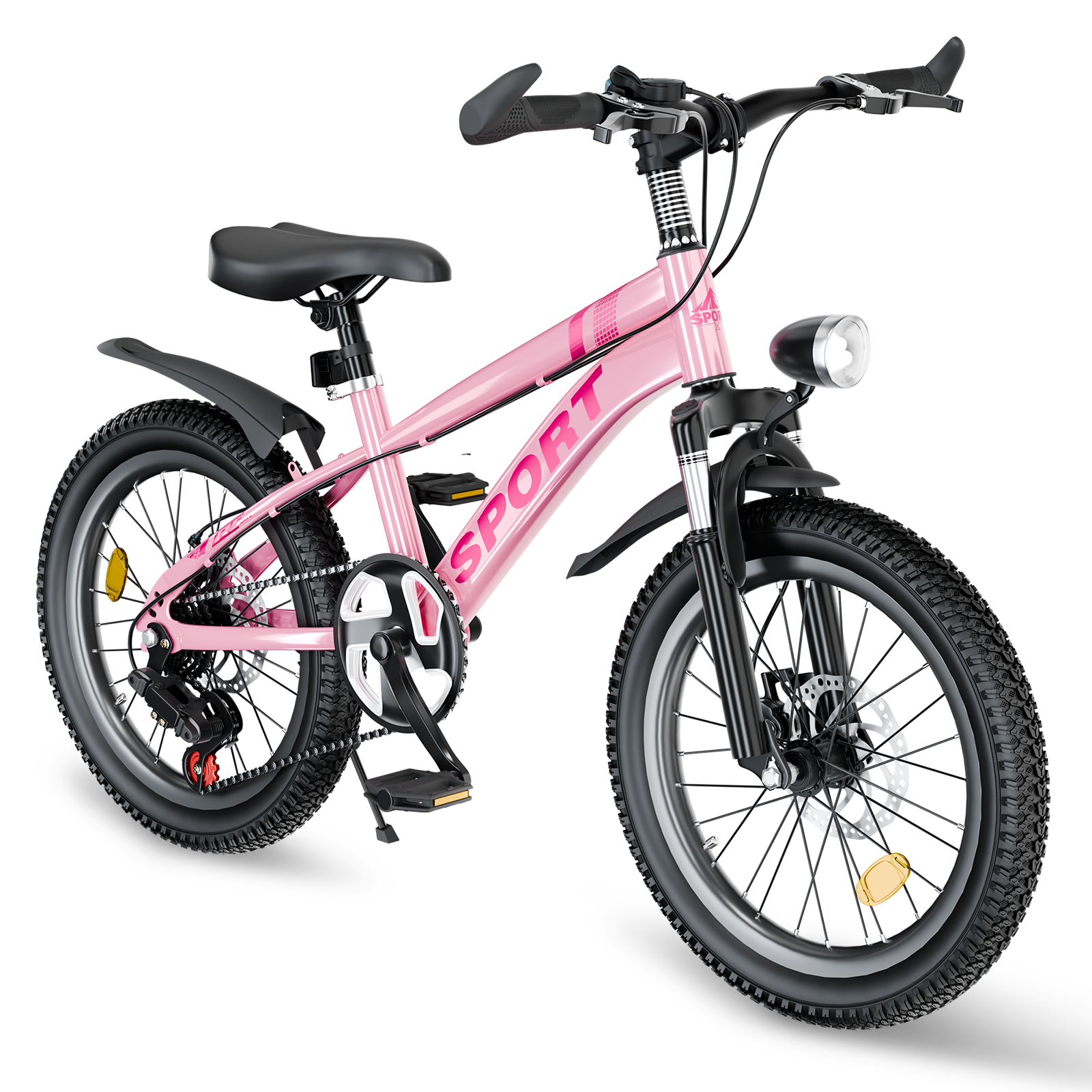 FKZNPJ 24 Inch Kids Mountain Bike For Boys & Girls Ages 7-12 - 7-Speed Gears, Dual Disc Brakes, Shock Absorber Front Fork, LED Light  Silver  Pink
