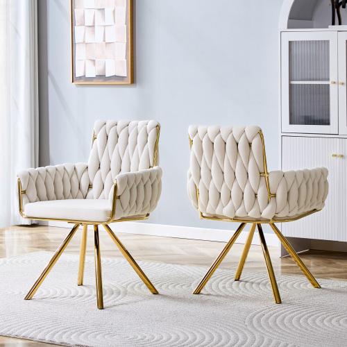 Juego de 2 sillas de comedor de terciopelo beige con patas de metal dorado y respaldo trenzado