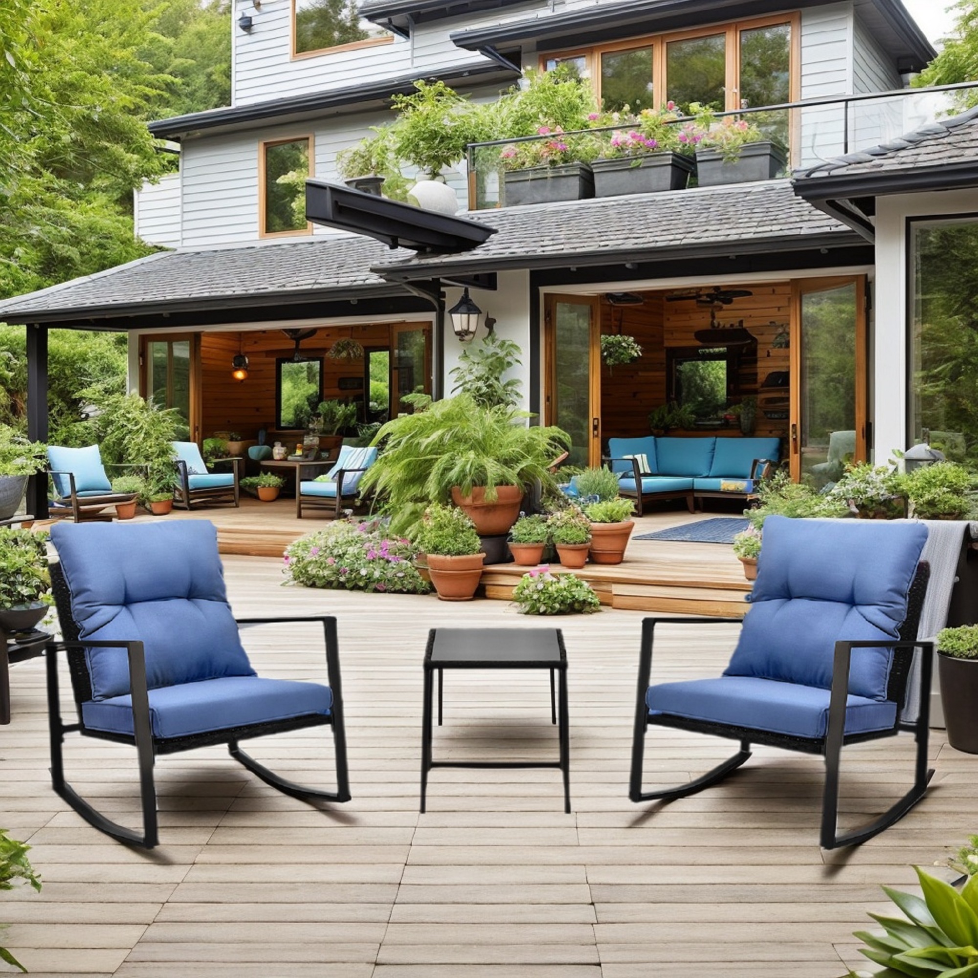 3 Pieces Patio Bistro Set Outdoor Rocking Chair W Blue Cushion For Yard Garden Poolside
