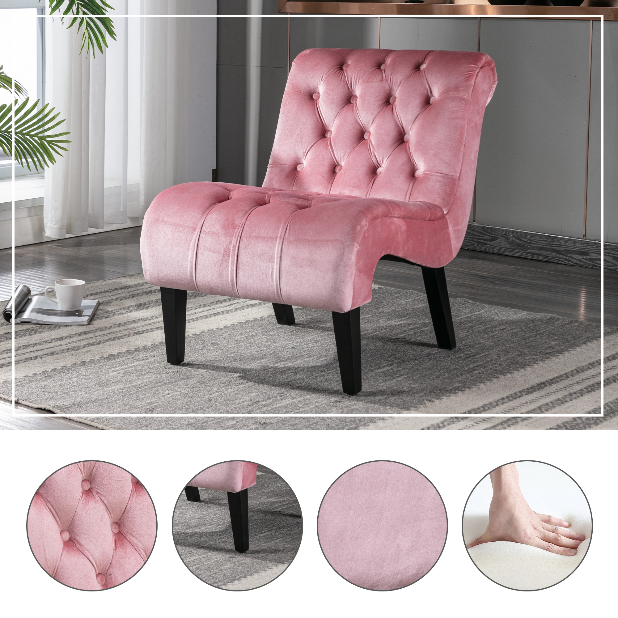 COOLMORE Modern Velvet Armless Accent Living Room Chair   Leisure Chair,Upholstered Fabric Button Comfortable Chair With Wooden Legs For Bedroom, Living Room, Office   Velvet