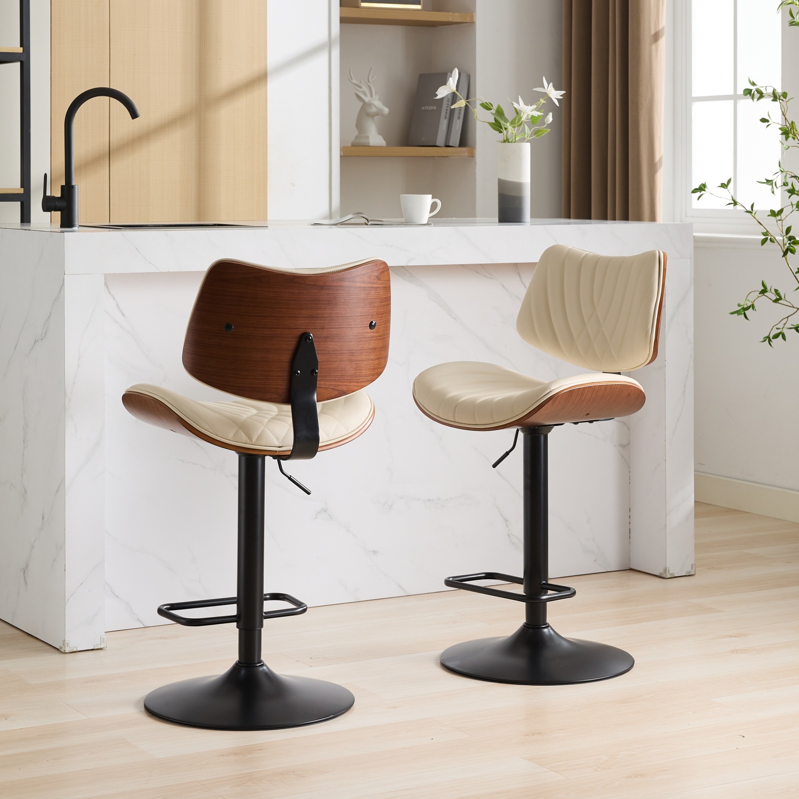 Walnut Bentwood Bar Stools Mid Century Modern Adjustable Counter Height Black Leather Upholstered 360 Swivel Bar Chairs For Kitchen Island Dining Room Cafe,Beige,Set Of 2
