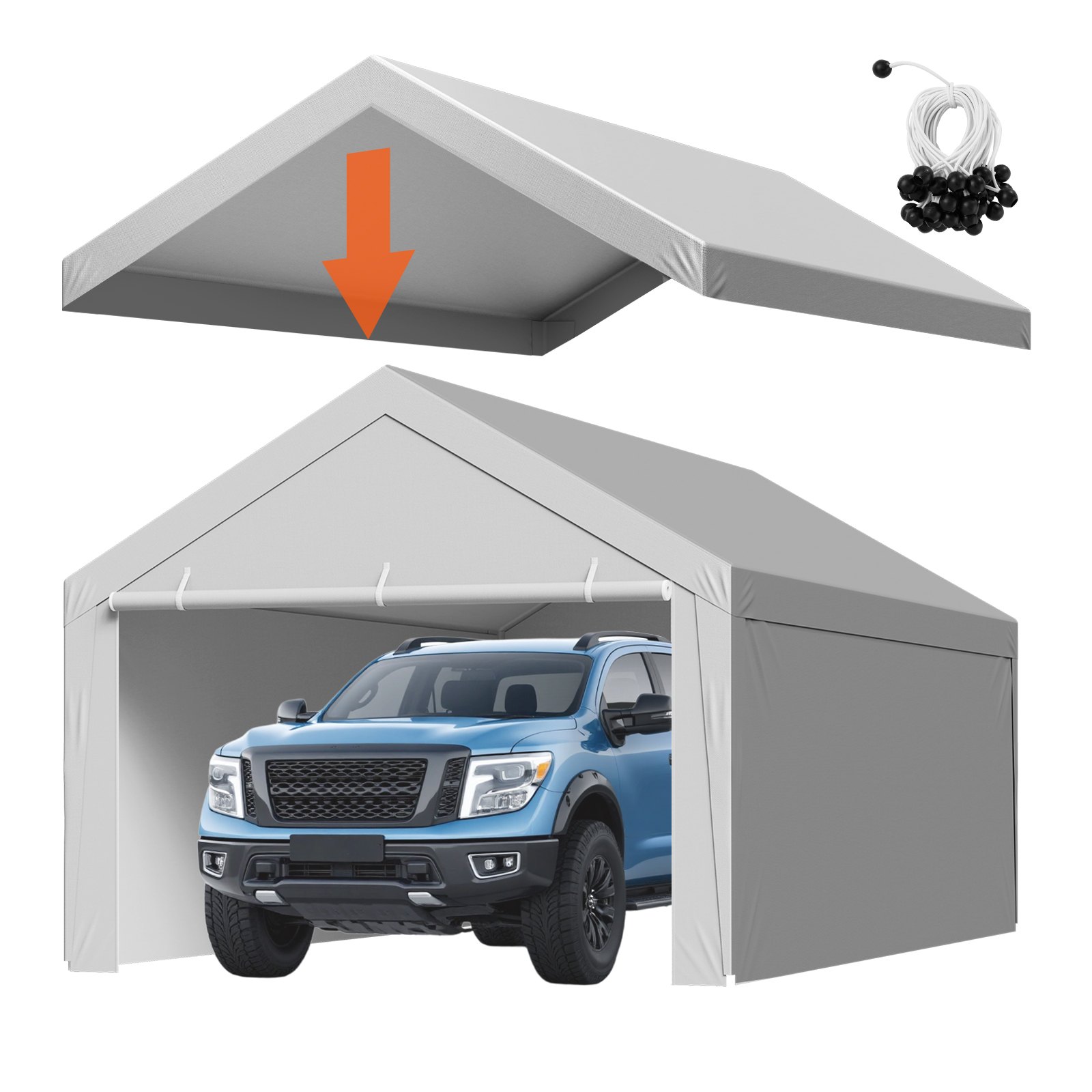 Carport Replacement Canopy, 13 X 20 Ft Potable Garage Tent Top Tarp With Sidewalls, UV-Resistant & Waterproof, Heavy Duty Car Shelter Tarp With Ball Buggees, Grey, Frame Not Included