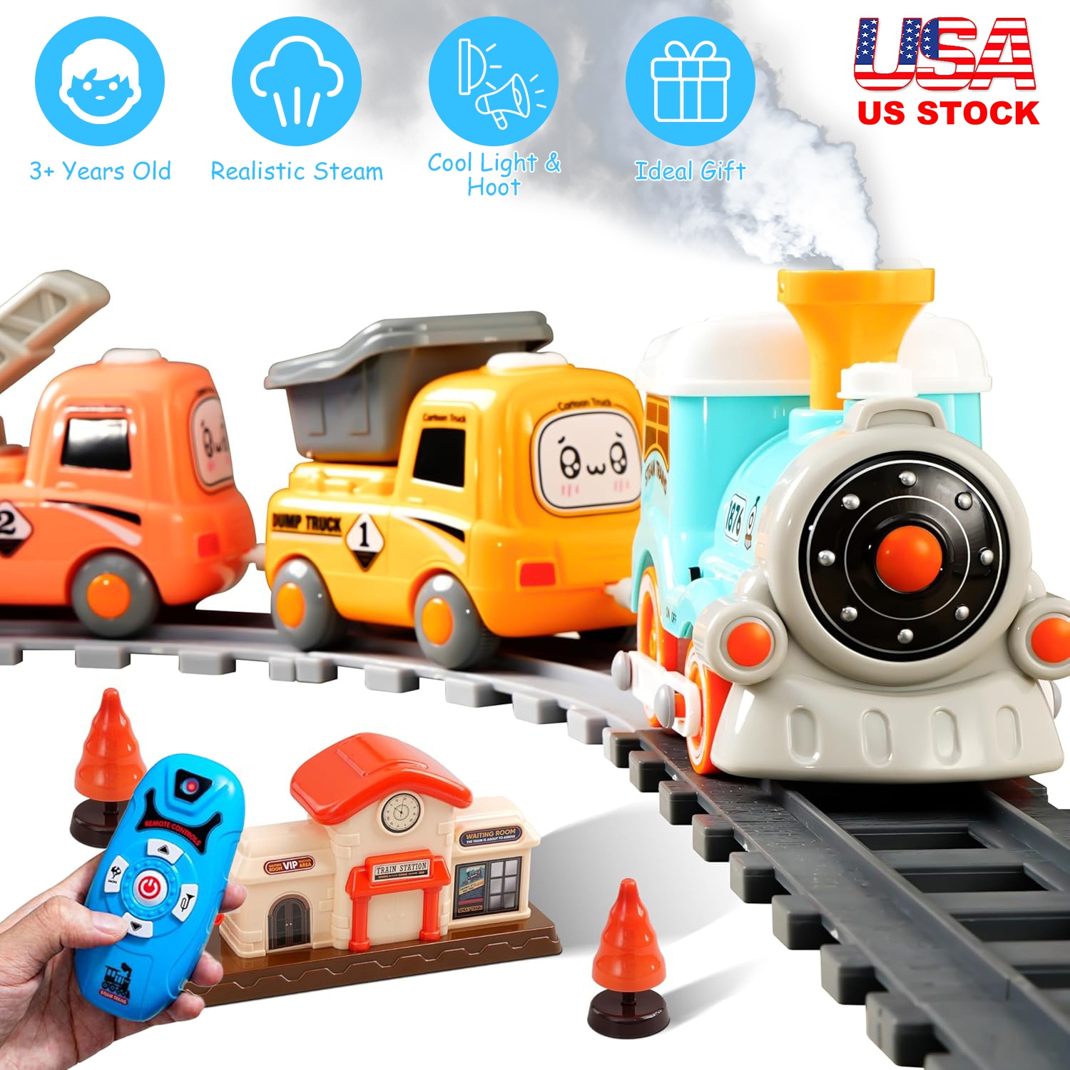 Set de Tren Eléctrico con Humo, Luz, Sonido y Control Remoto para Niños
