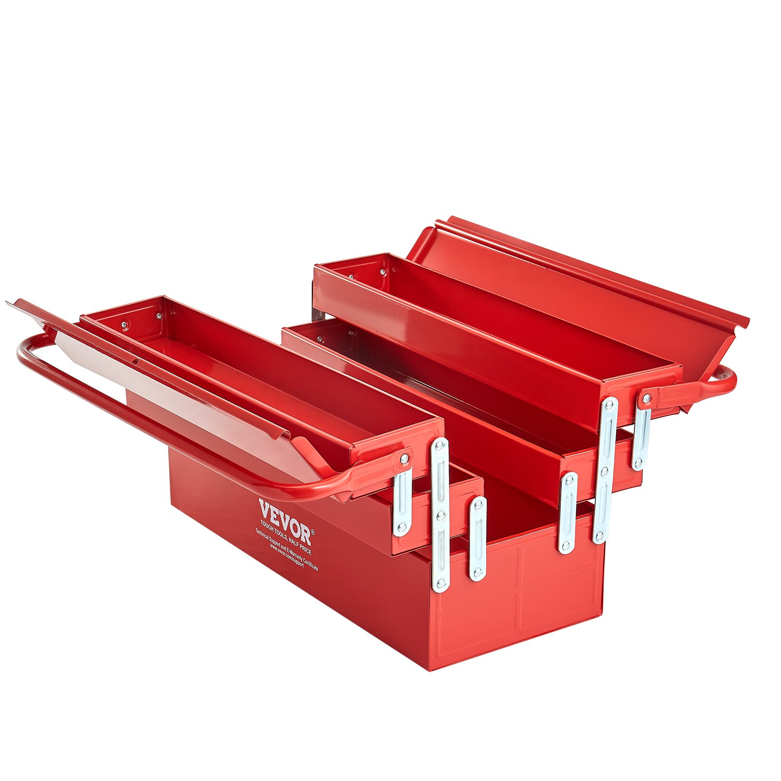 Metal Tool Box, 18-inch, 3-Tier 5-Tray Portable Folding Tool Chest Organizer With Handle & Lock Hole, Powder Coated Steel, Cantilever Toolbox For Household Factory Warehouse Repair Shop, Red