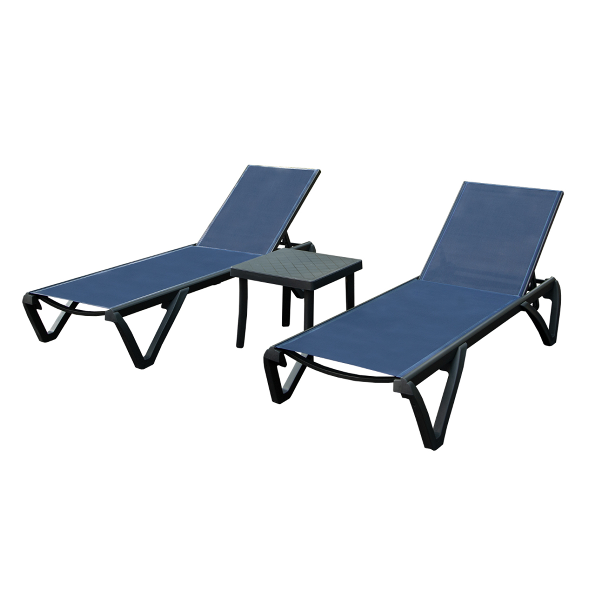 Sillón reclinable de exterior de aluminio/plástico, mesa auxiliar, 5 posiciones, azul marino