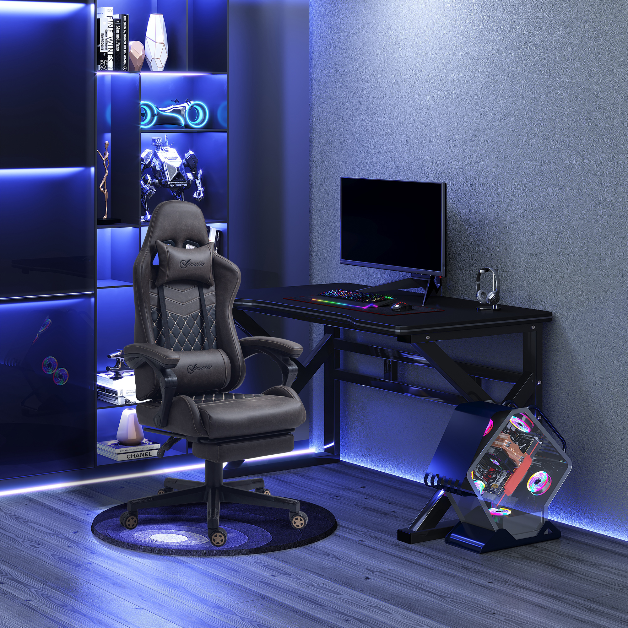 Silla gamer reclinable giratoria de cuero PU con reposapiés y soporte lumbar, marrón