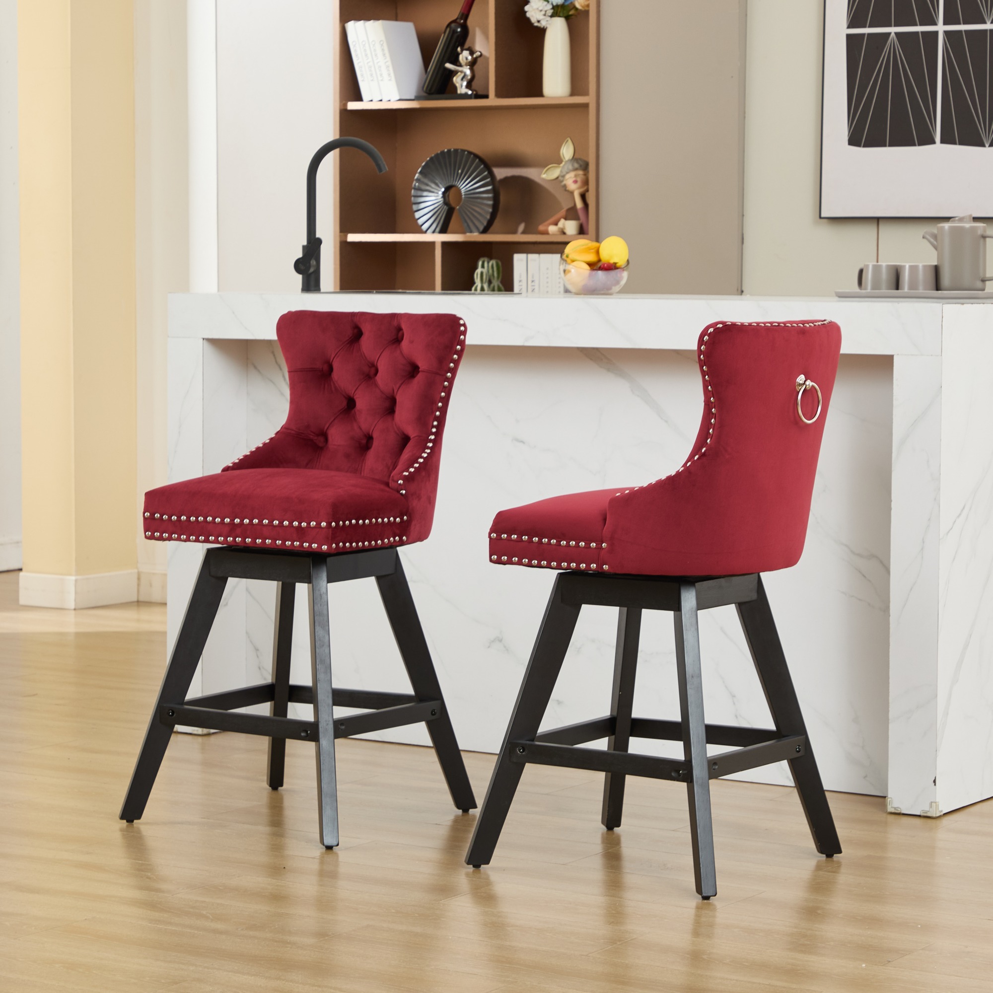 Swivel Velvet Barstools With Button Tufted Decoration And Wooden Legs, And Chrome Nailhead Trim, Leisure Style Bar Chairs,Bar Stools, Set Of 2 Wine Red