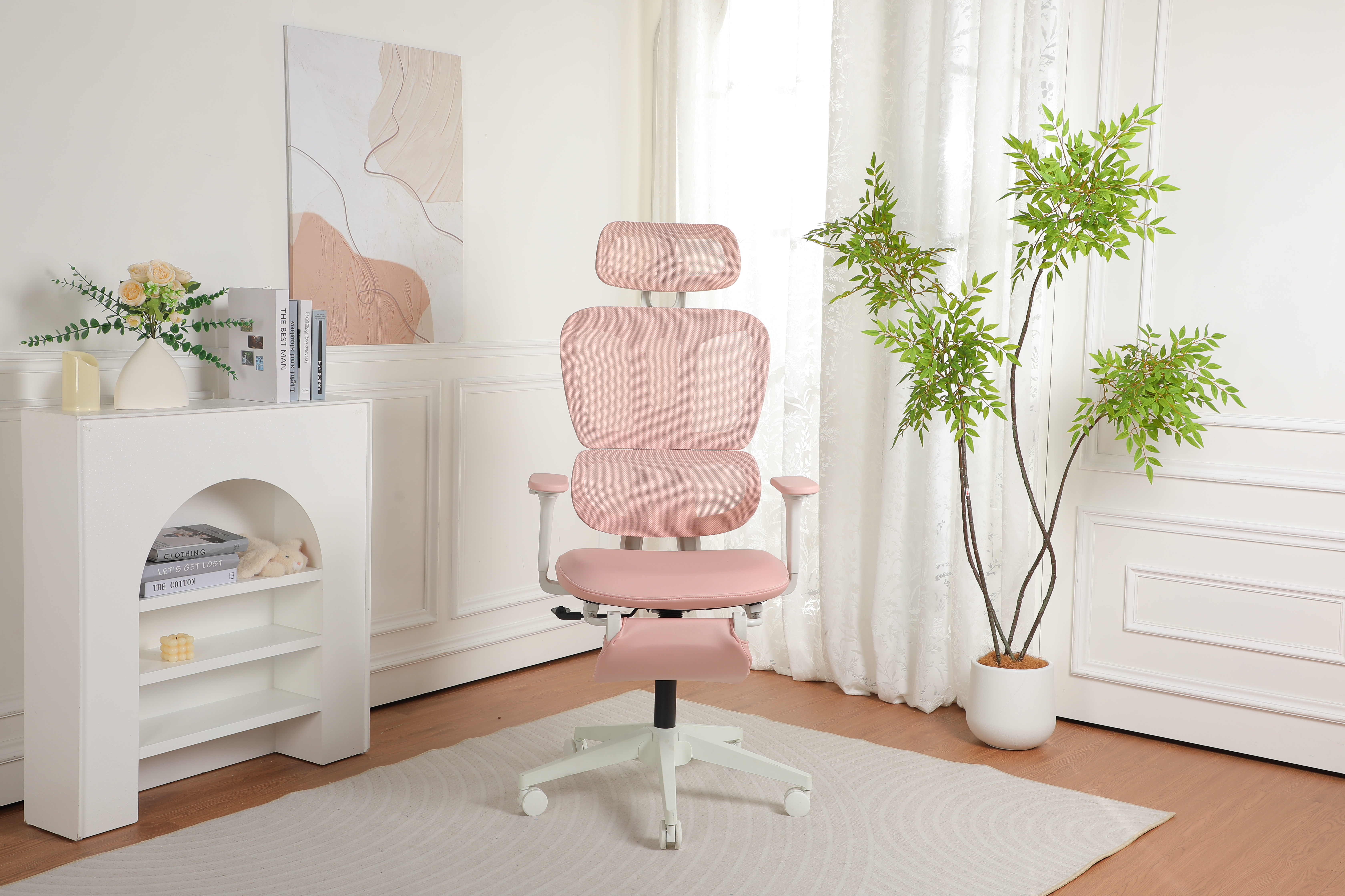 Silla de oficina ergonómica rosa con reposapiés, soporte lumbar y reposabrazos 4D