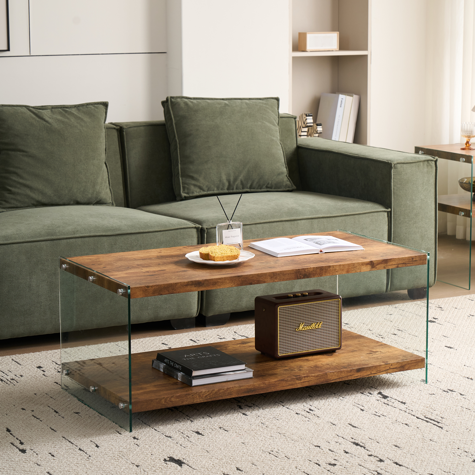 MDF CoffeeTable, Small Tea Table, Walnut Tempered Glass Sofa Table
