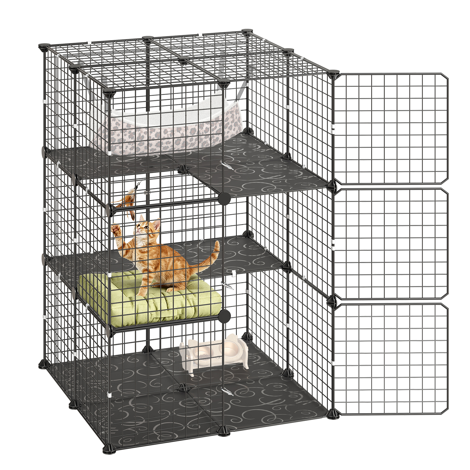 Cat Cage 3-Tier 27.99"x27.99"x40.98" DIY Cat Playpen With Hammock, Indoor Enclosure Detachable Metal Wire Kennel Crate, Large Exercise Place Ideal For 1-2 Cats, Kittens & Small Animals, Black
