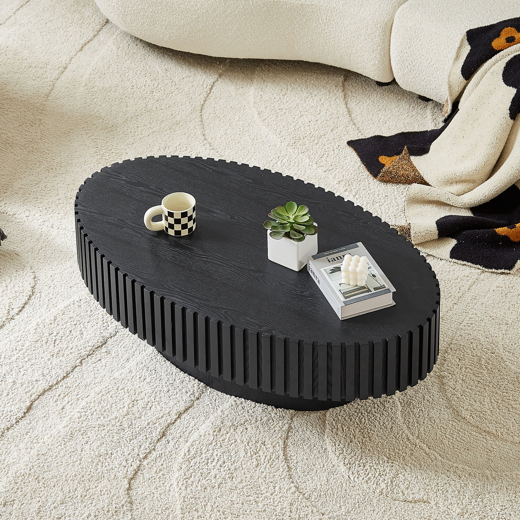 Modern Handcraft Drum Coffee Table Length 43.7 Inch Ellipse Coffee Table For Living Room,Oval Small Coffee Table With Sturdy Pedestal,Black MDF