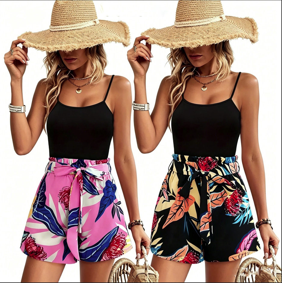 Conjunto boho de dos piezas para mujer: top cami y shorts casuales con estampado de hojas