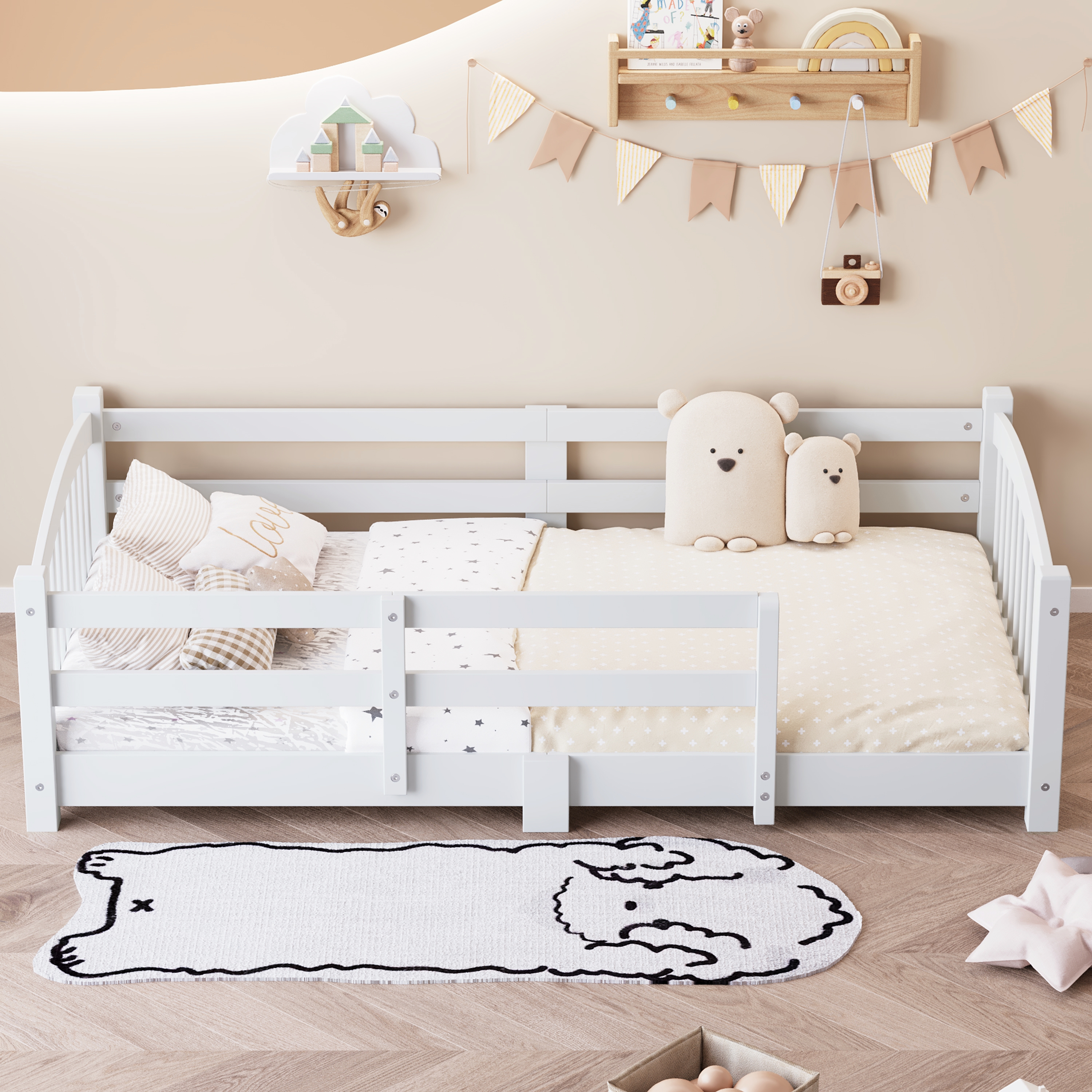 Twin Montessori Floor Bed With Slats And Safety Guardrails, Solid Wood Floor Bed With Fence And Without Door, Easy Assemble Montessori Bed For Girls And Boys, White