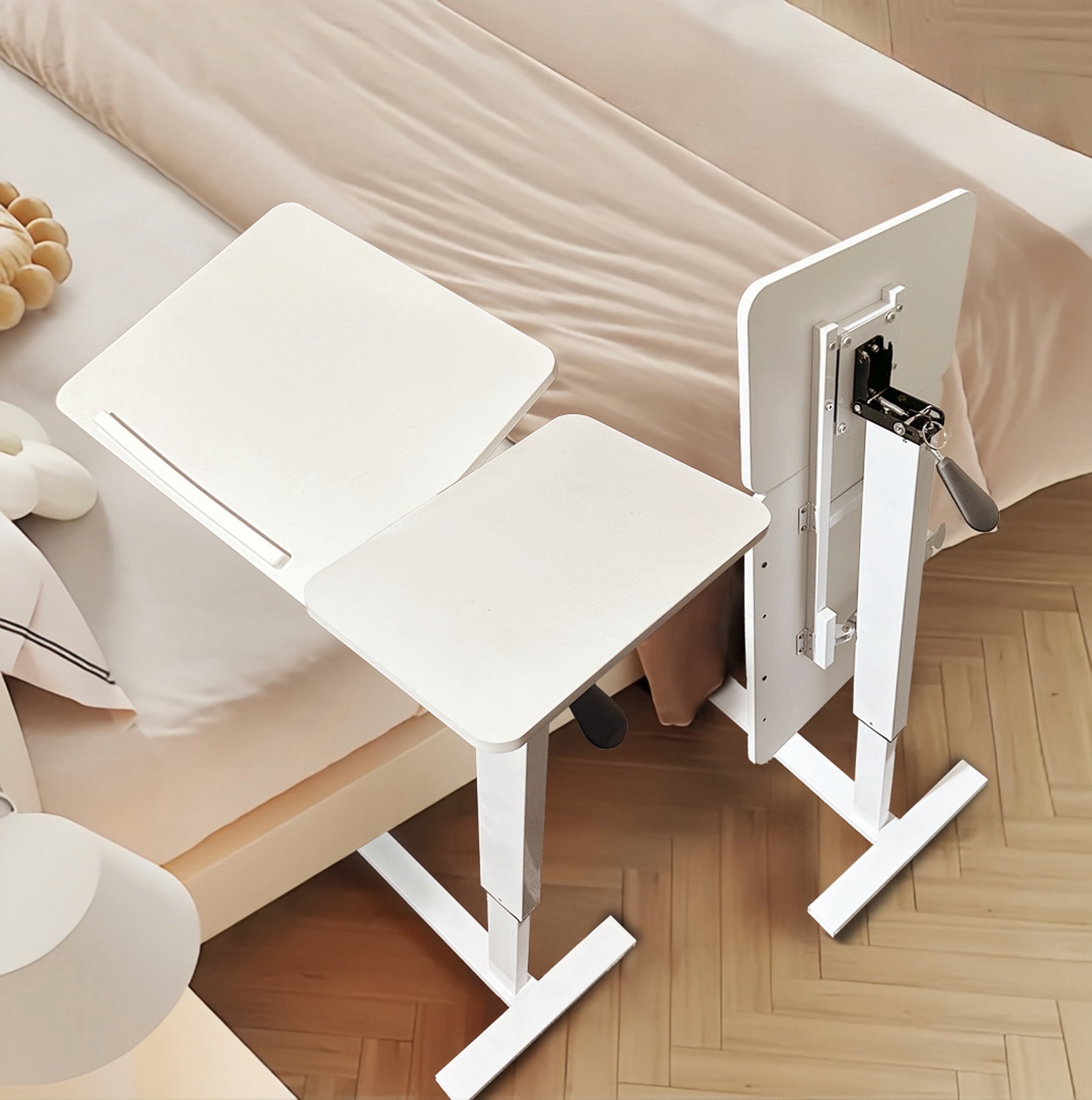 Overbed Bedside Desk, Mobile Rolling Laptop Stand Tilting Overbed Table With Wheels, Height Adjustable Tray Table For Laptop Bed Sofa Side Table, Bedside Table WHITE
