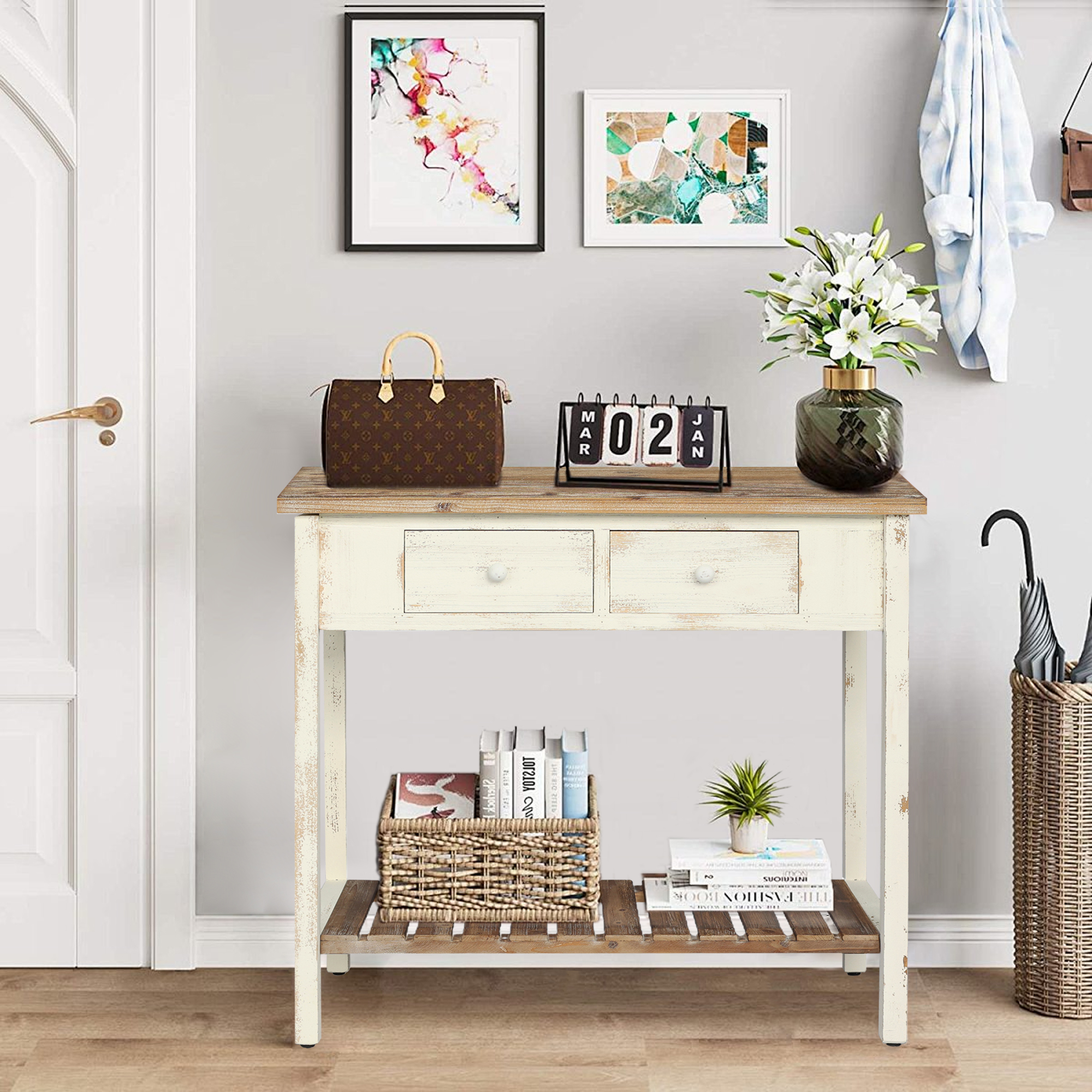 Vintage Two - Drawer Console Table With Open Shelf, Distressed Finish For Entryway & Living Room
