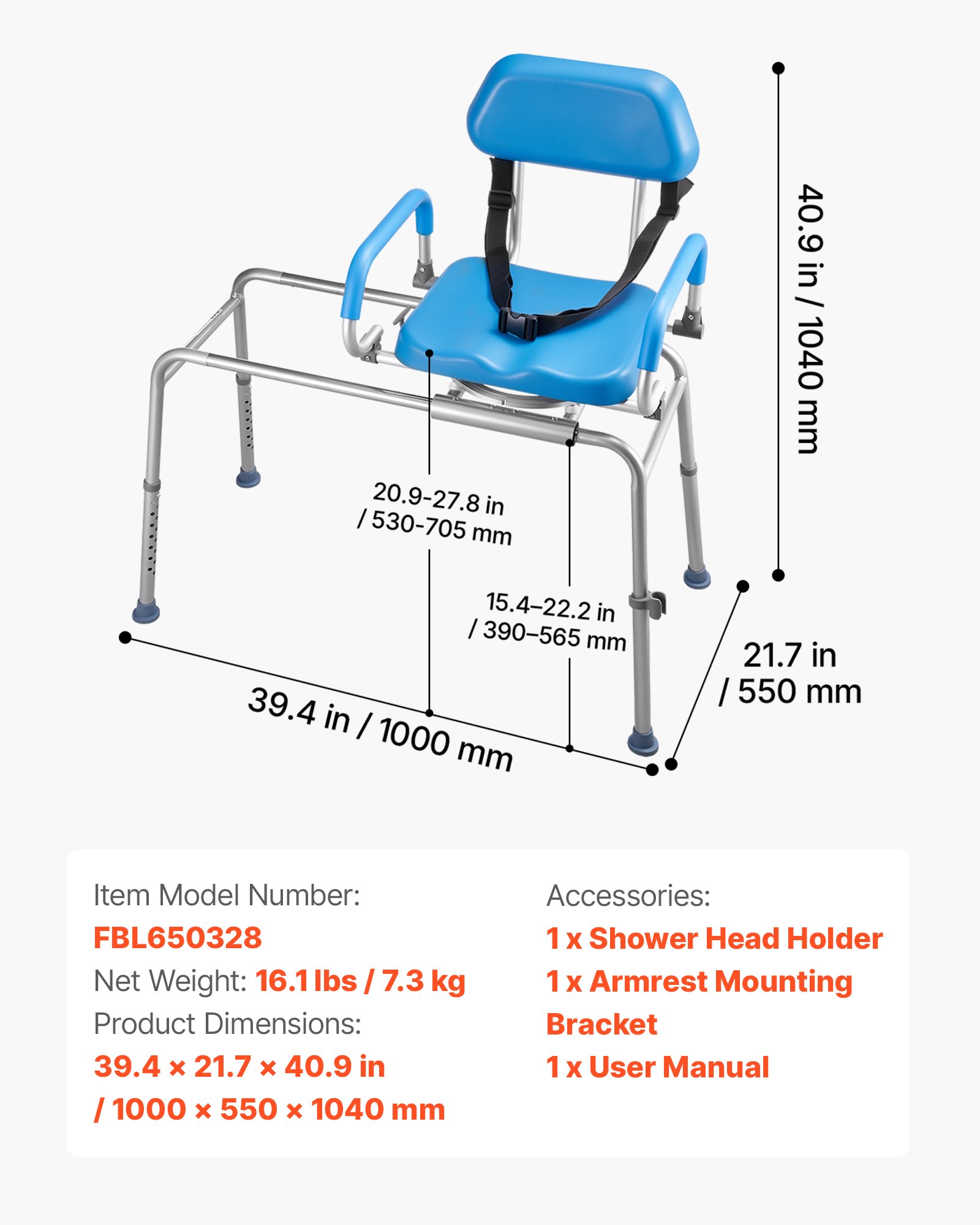 Sliding Shower Chair, 330 Lbs Tub Transfer Bench For Bathtub With Swivel Seat, Padded Shower Bench With Pivoting Arms And Backrest, Height Adjustable For Handicap, Seniors, Elderly And Disabled