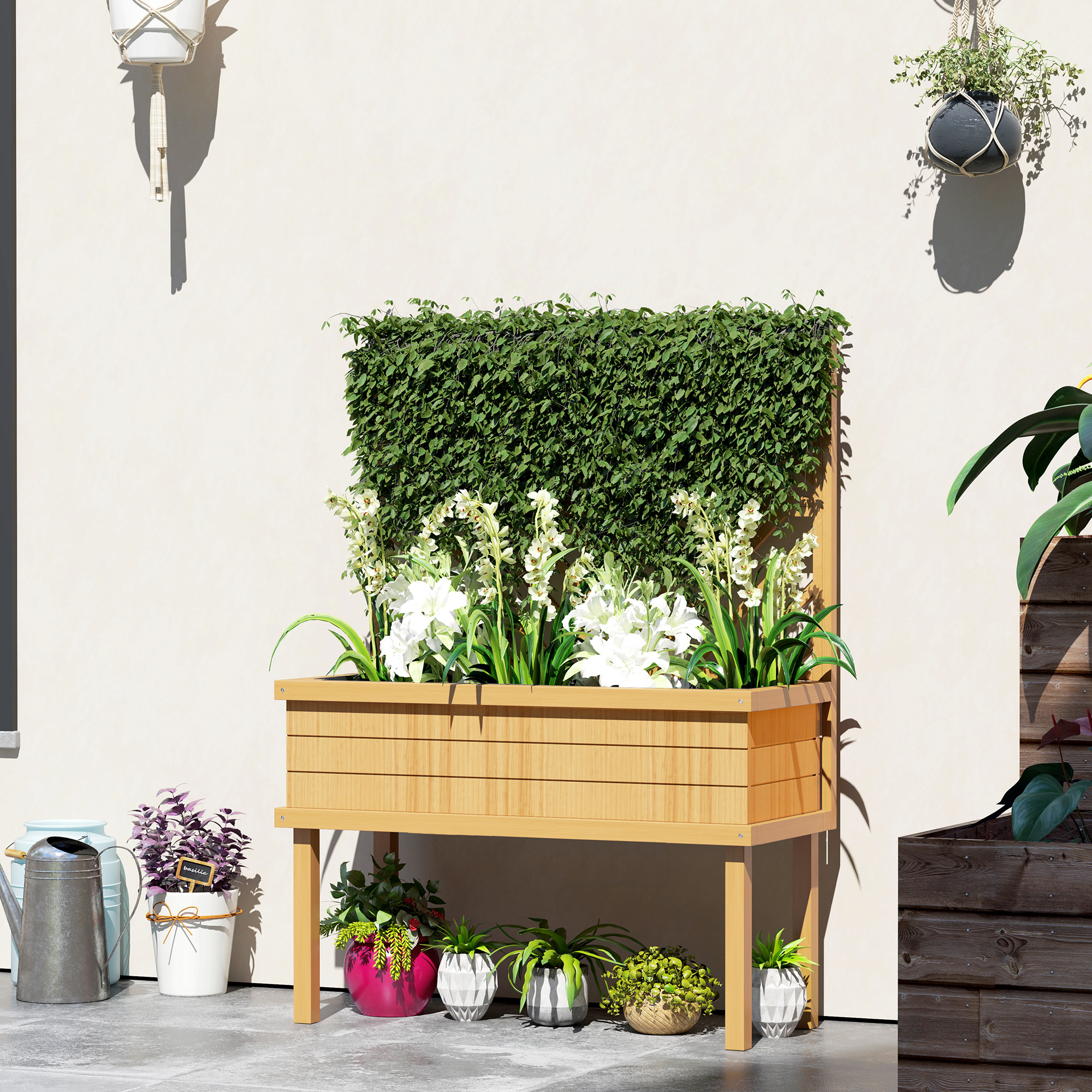 Elevated Wood Planter with Trellis for Climbing Plants, Raised Garden Bed with Legs and Drainage Holes, Natural Wood