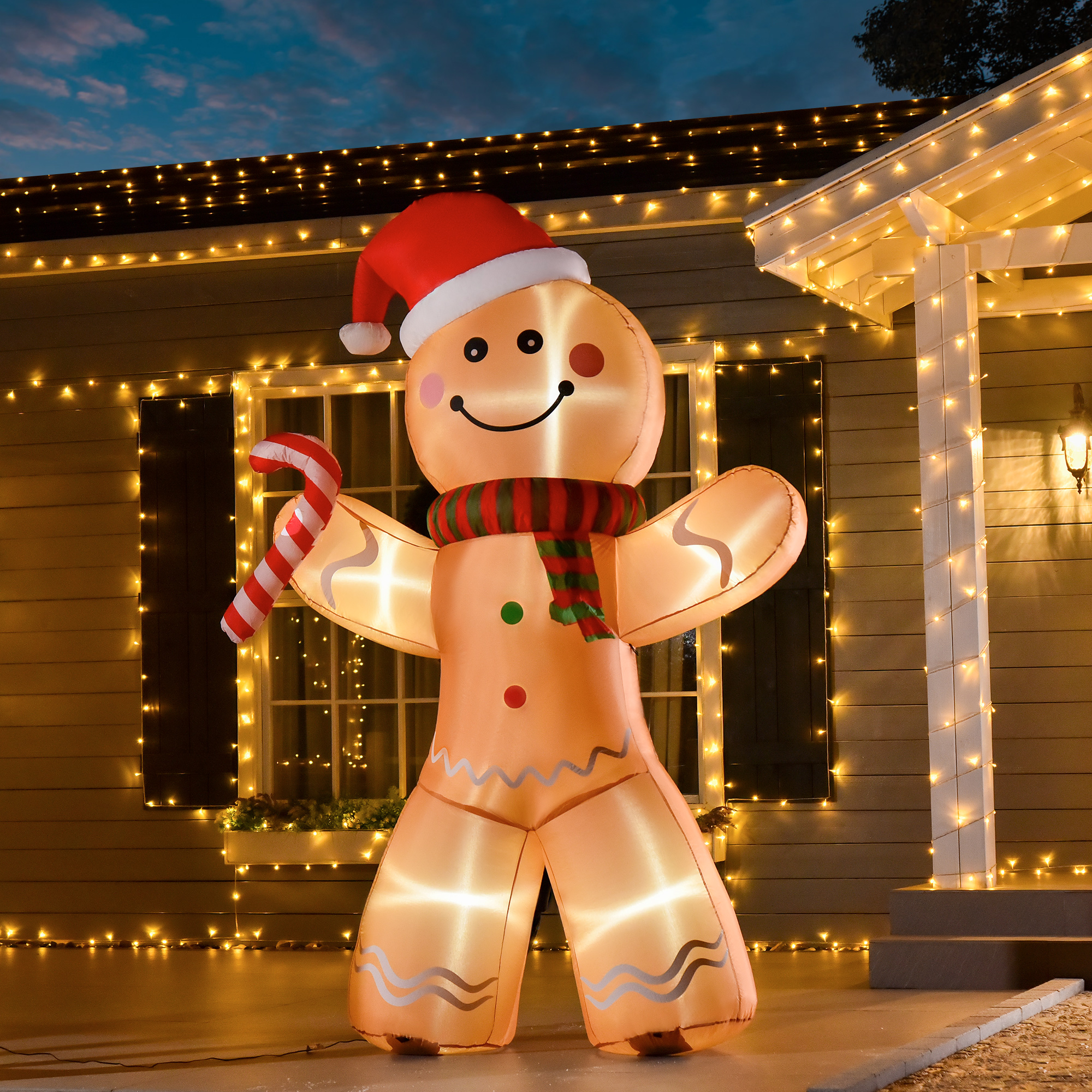 Hombre de jengibre inflable de Navidad de 8 pies con bastón y luces LED