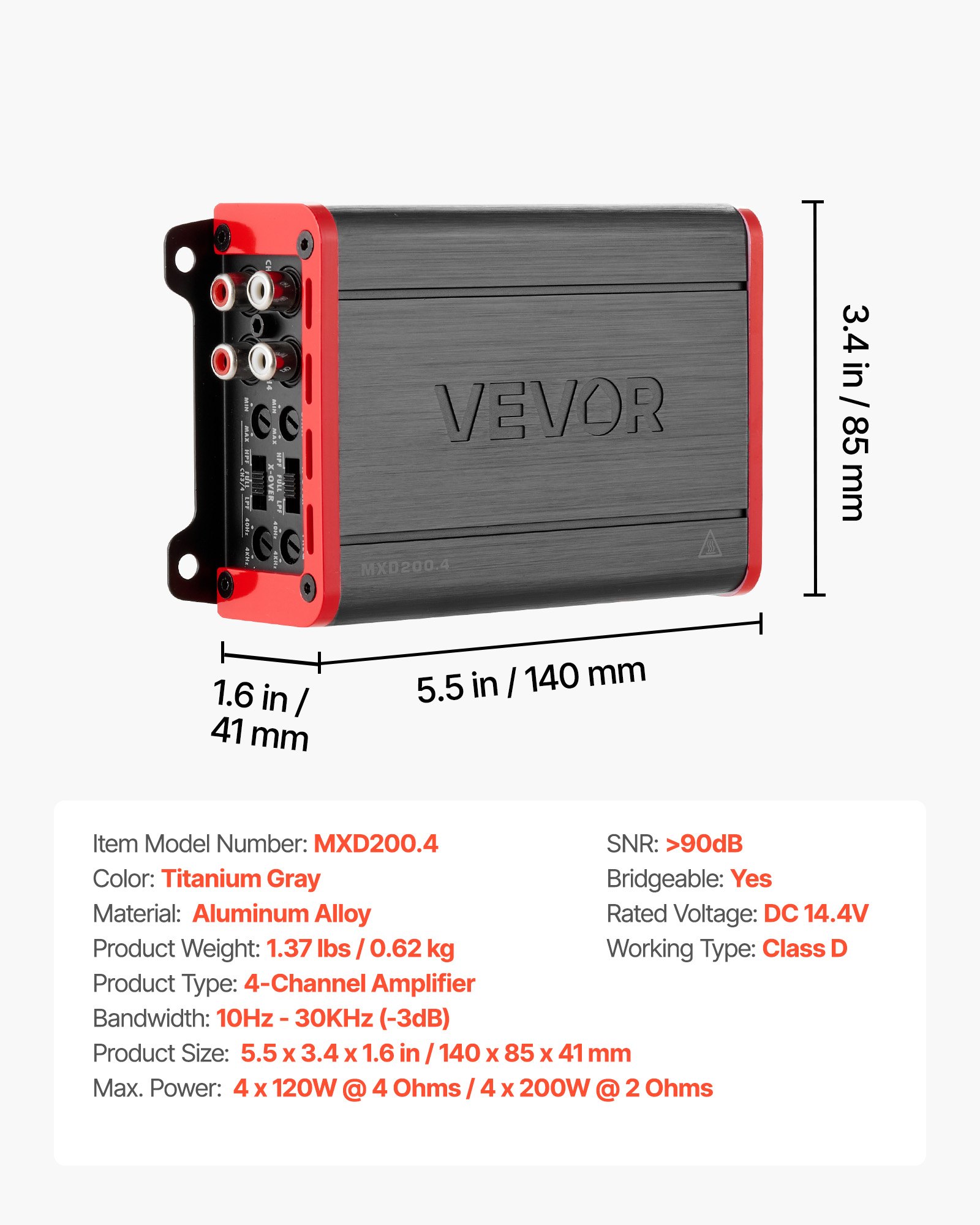 Amplificador de audio para auto de 4 canales, Clase D, 2 Ohm estable, puenteable.
