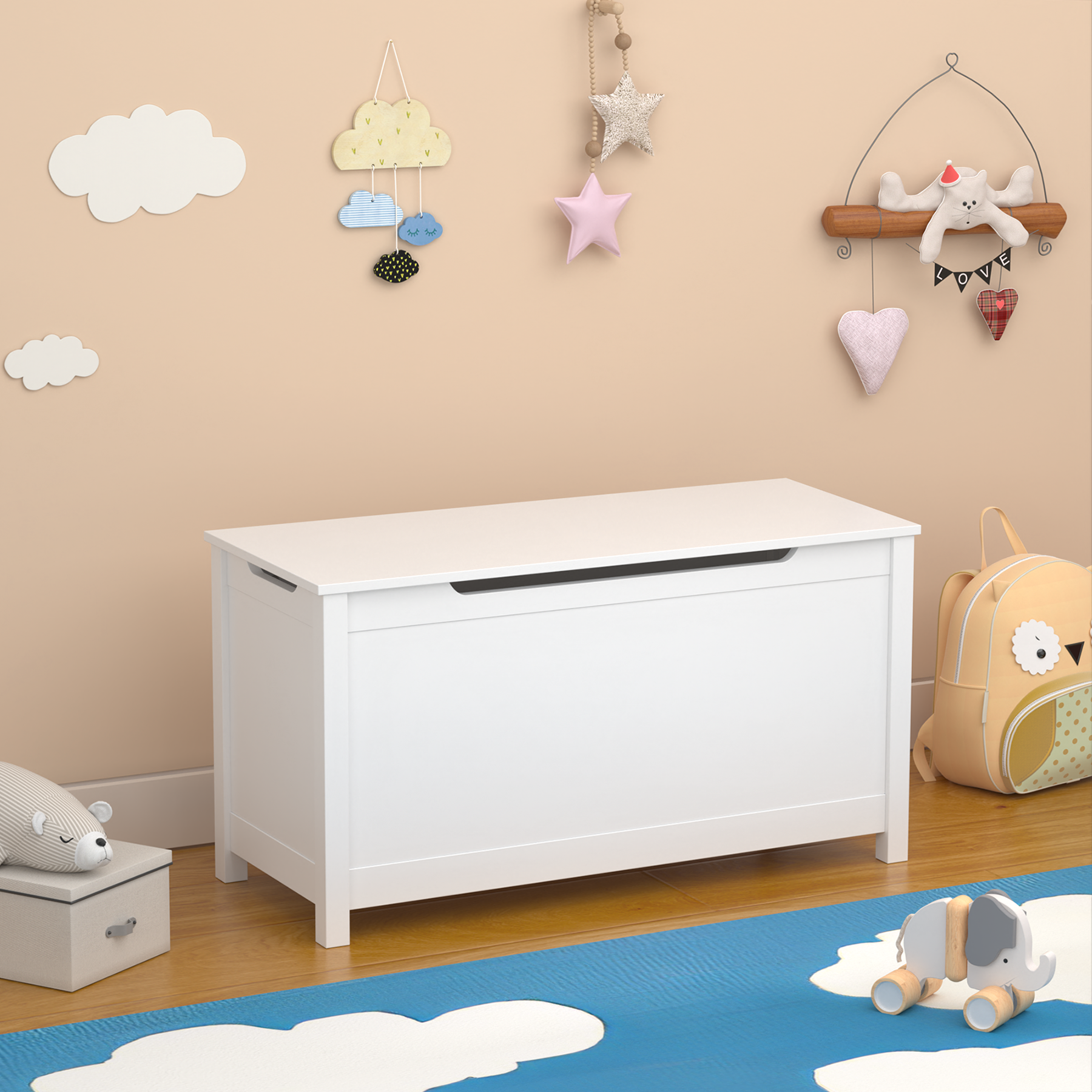 Kids Wooden Toy Box Storage With Safety Hinged Lid For Ages 2 White