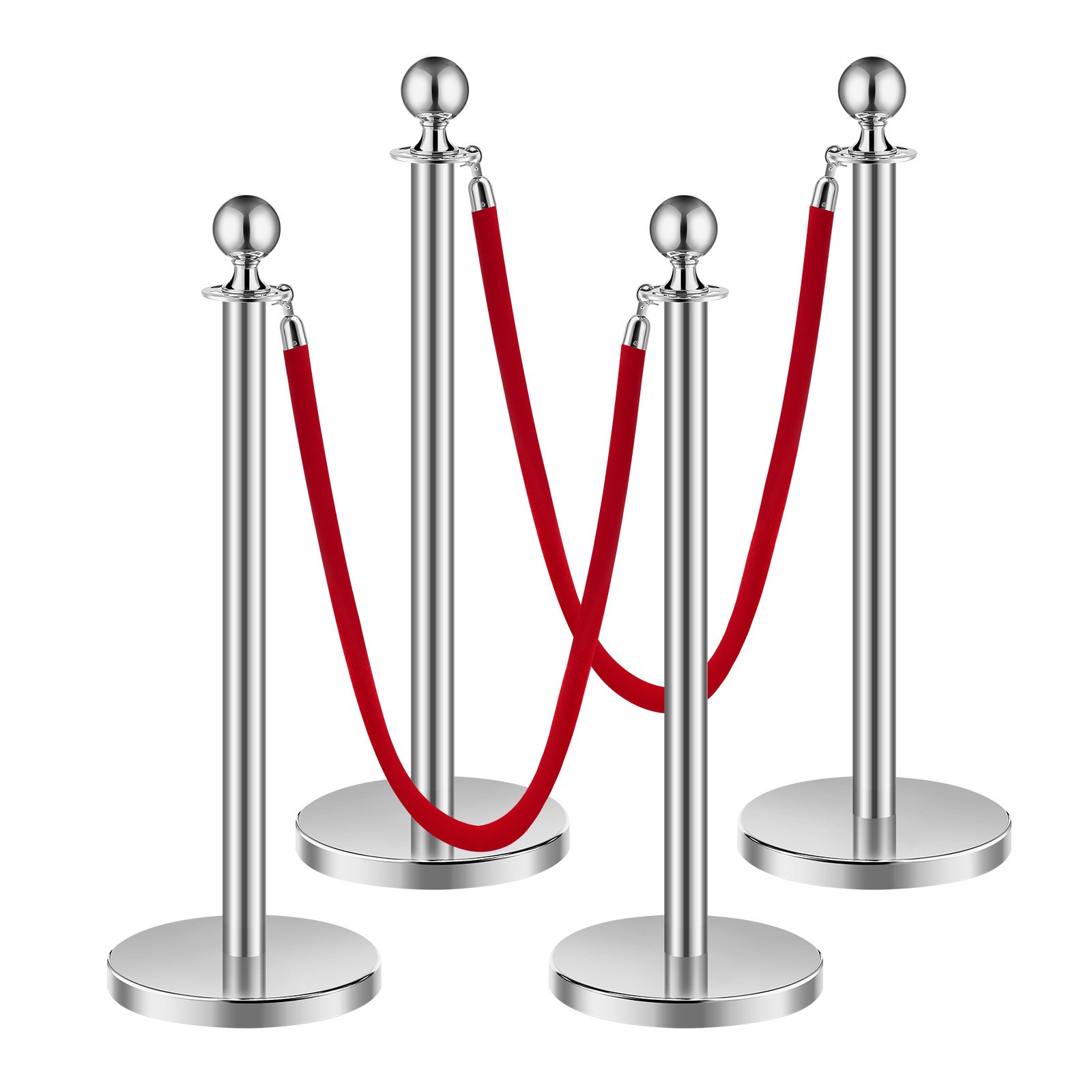 Stanchions And Velvet Ropes 4Pcs, Hollow Base With Stainless Steel Post, 2 Red Velvet Ropes And Posts, Crowd Control Barriers Silver Stanchions, Red Carpet Runner Poles For Party Supplies