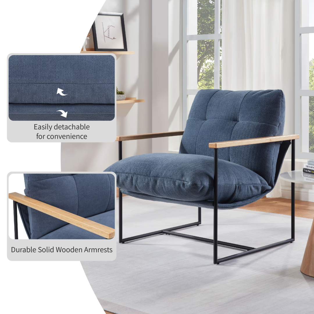 Silla decorativa moderna con cojín extraíble y reposabrazos de madera, azul
