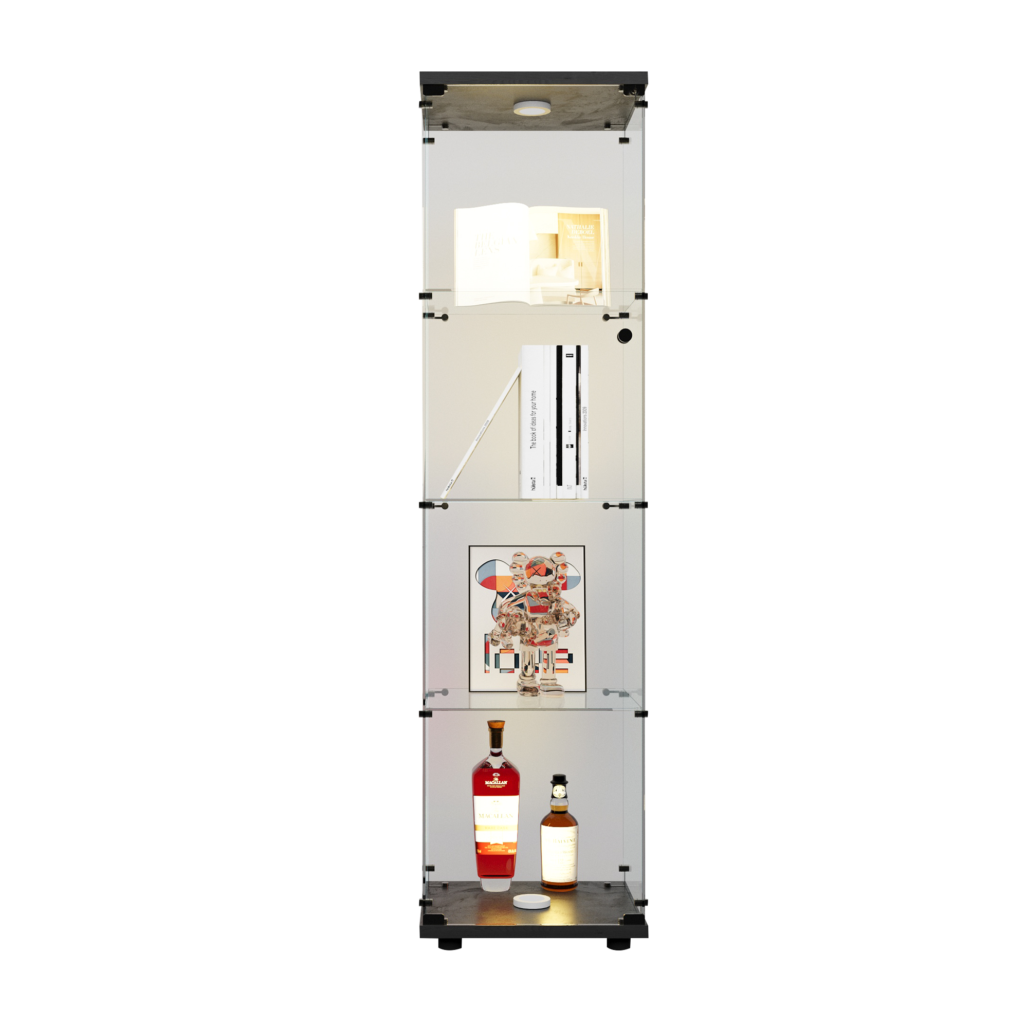 Vitrina de cristal con luces LED, 4 estantes, 64.7 x 16.7 x 14.3 pulgadas, negra
