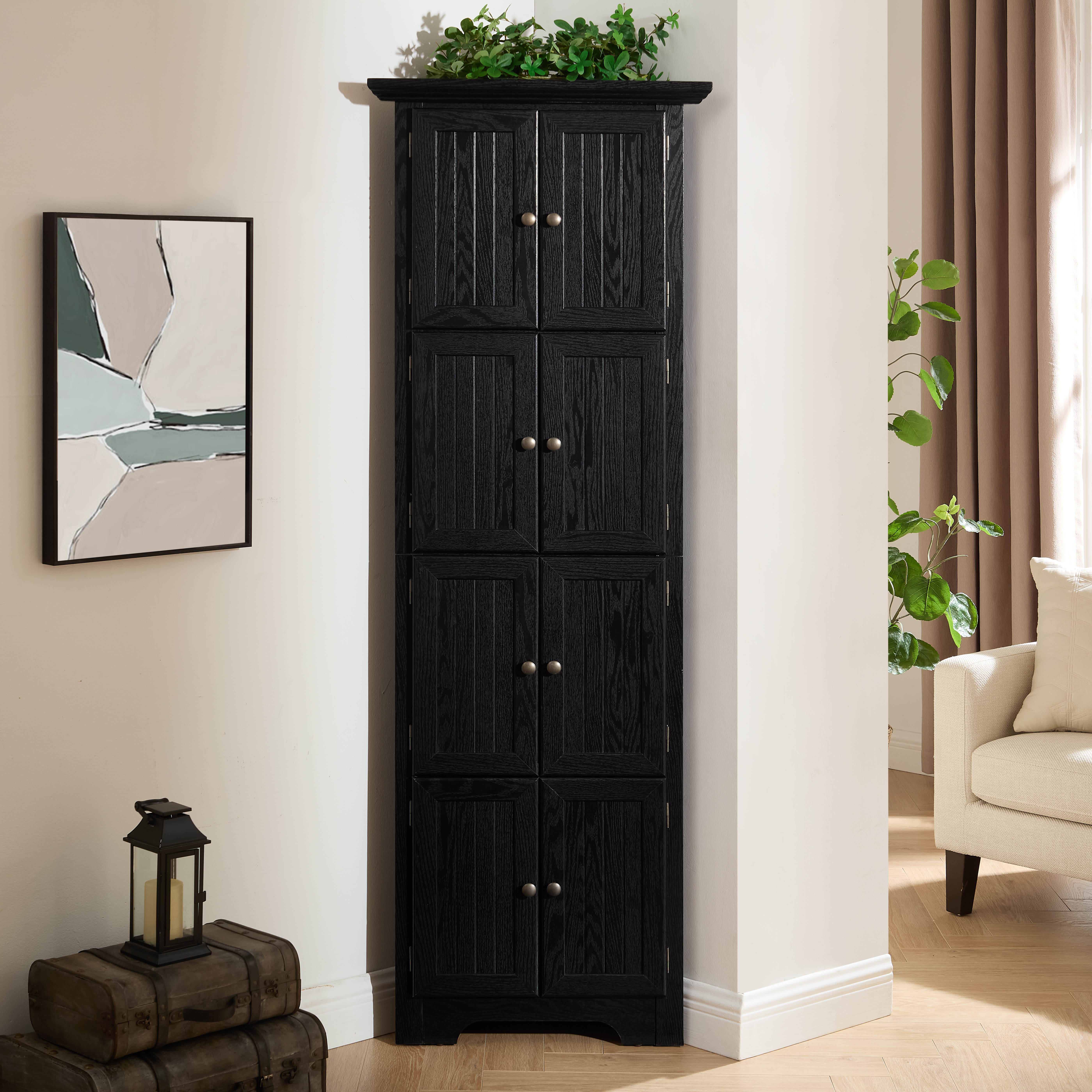 Gabinete esquinero de cocina de 4 niveles, 72 pulgadas, con 8 puertas, negro.