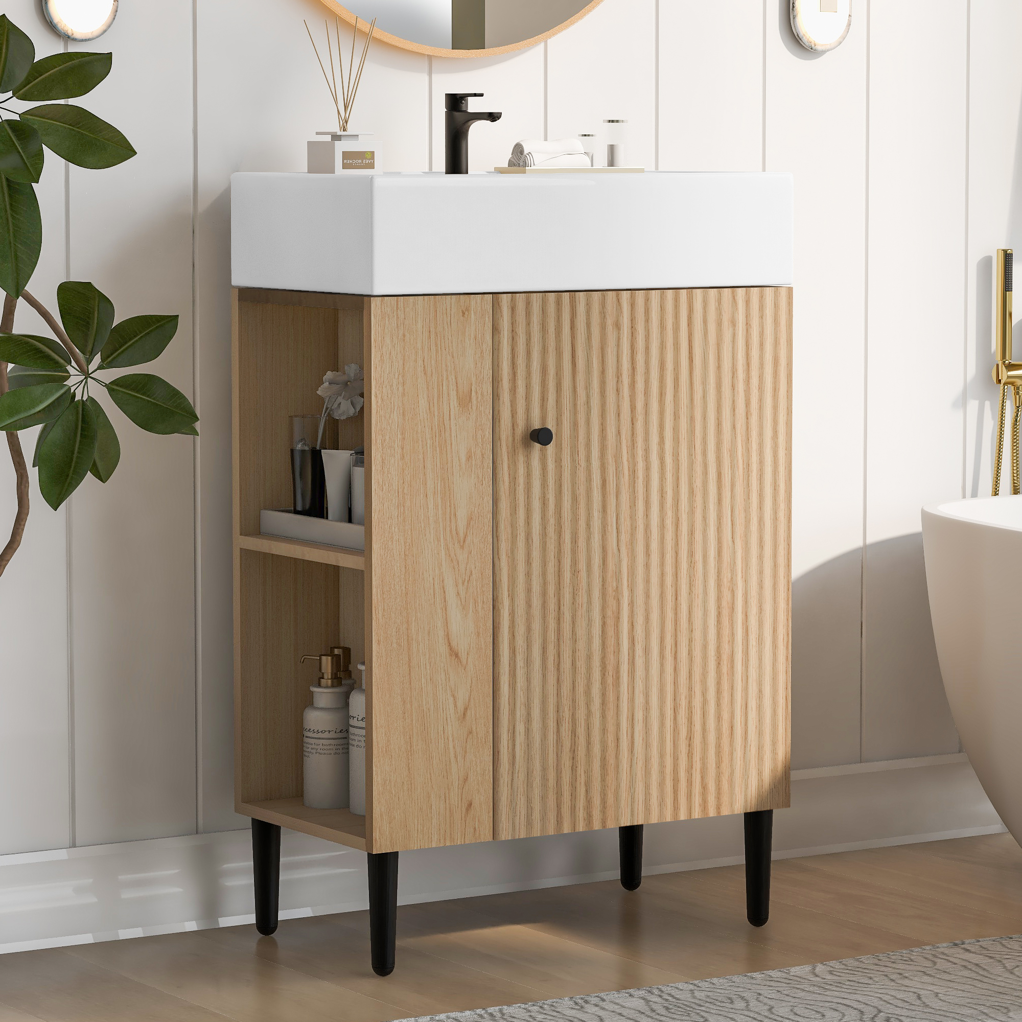 21.6  Wood Bathroom Vanity, Combo Cabinet, Bathroom Storage Cabinet, Single Ceramic Sink, Left Side Storage
