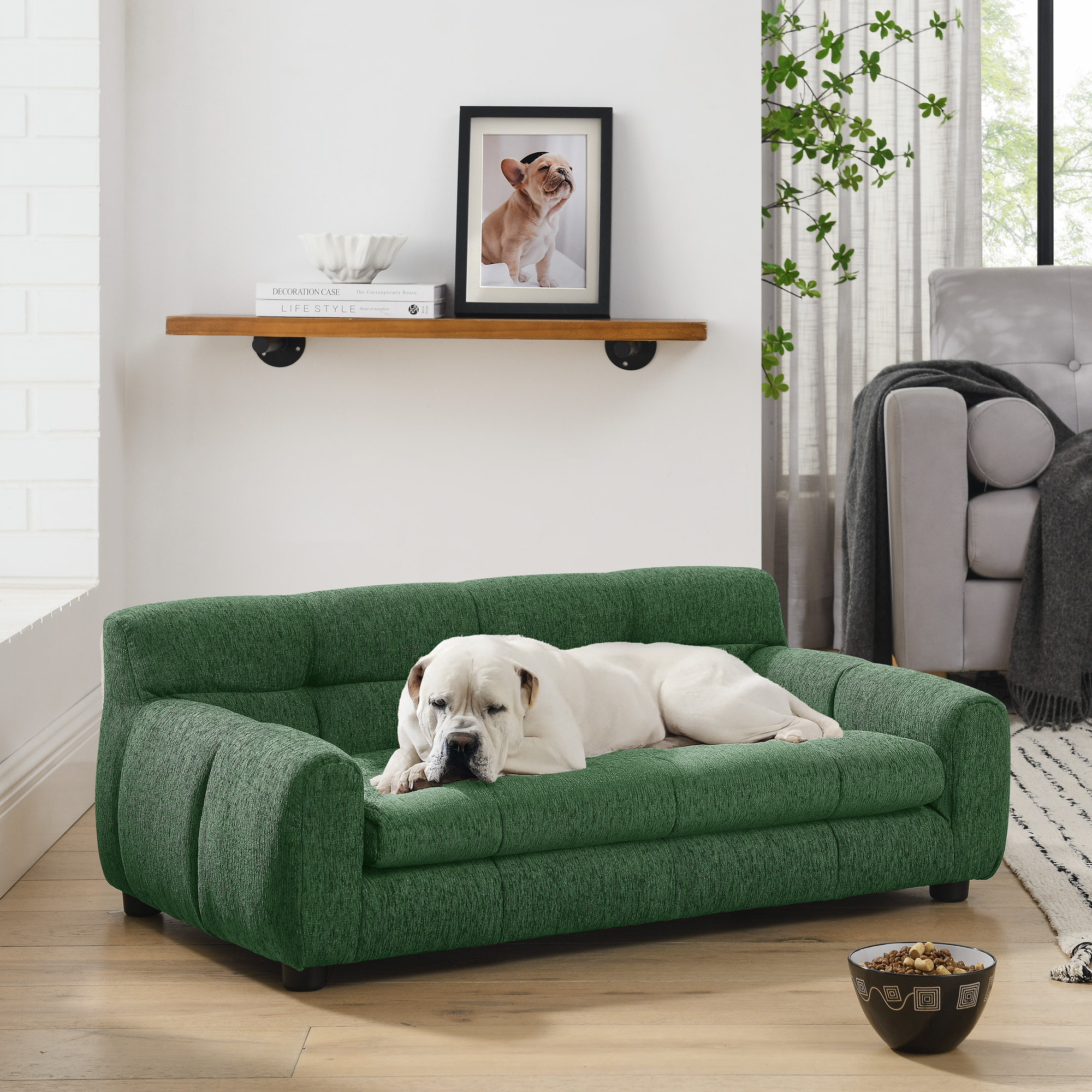 Sofá para mascotas suave y cómodo con respaldo y reposabrazos, verde