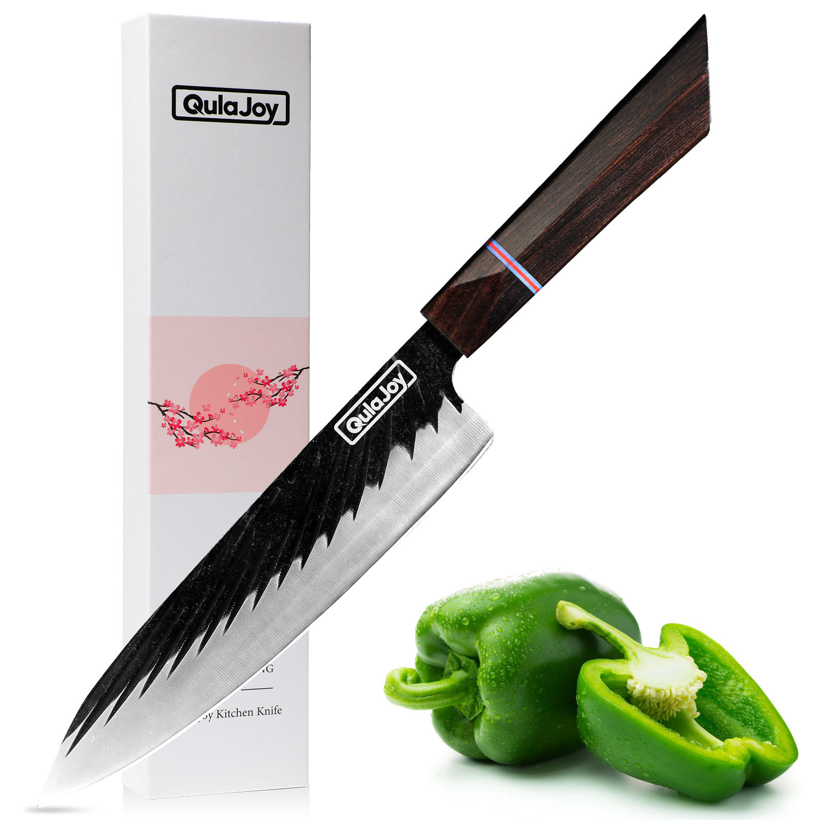 Cuchillo de chef japonés Qulajoy de 8 pulgadas, acero al carbono forjado, mango de ébano