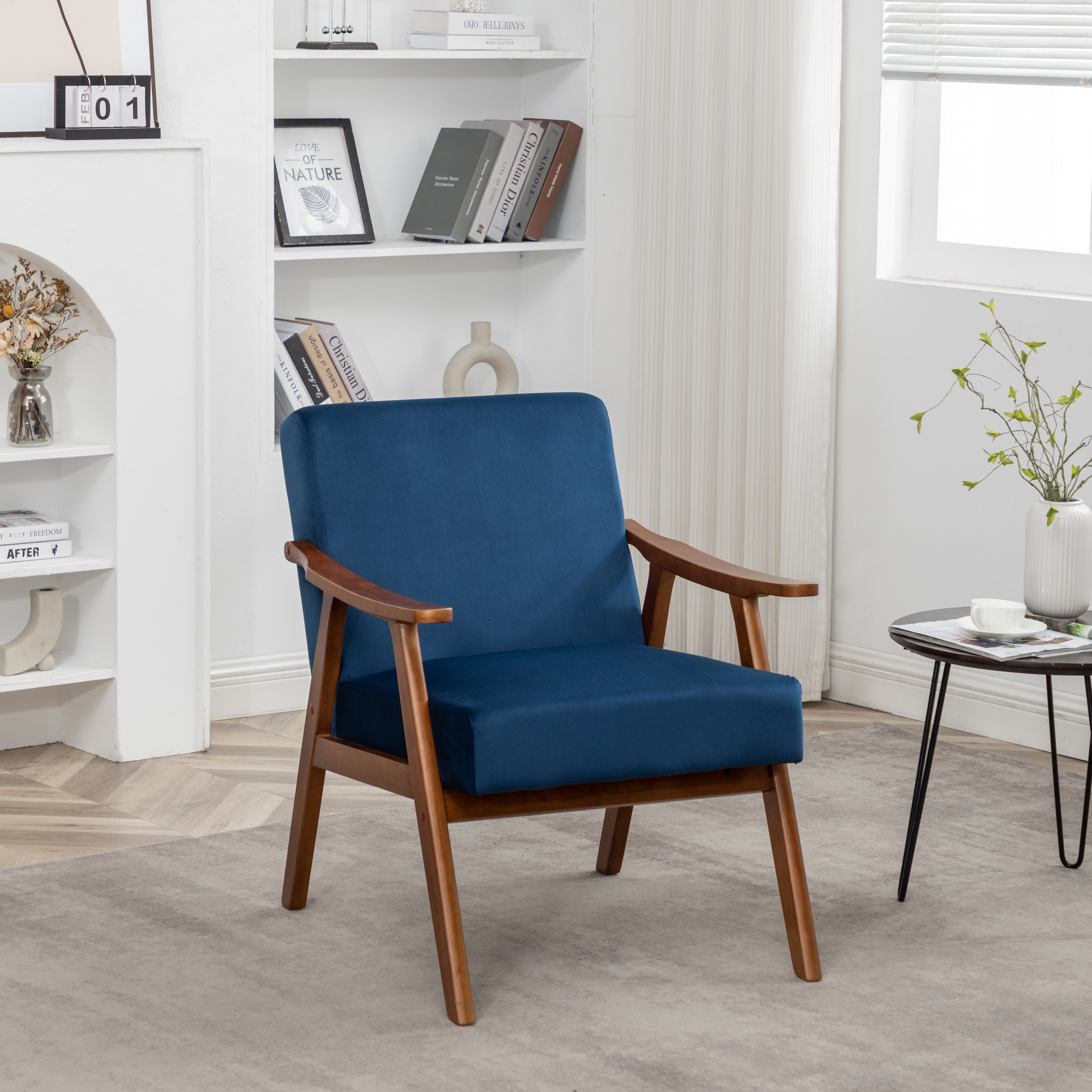 Sillón Decorativo Moderno de Terciopelo con Estructura de Madera Sólida, Azul Oscuro