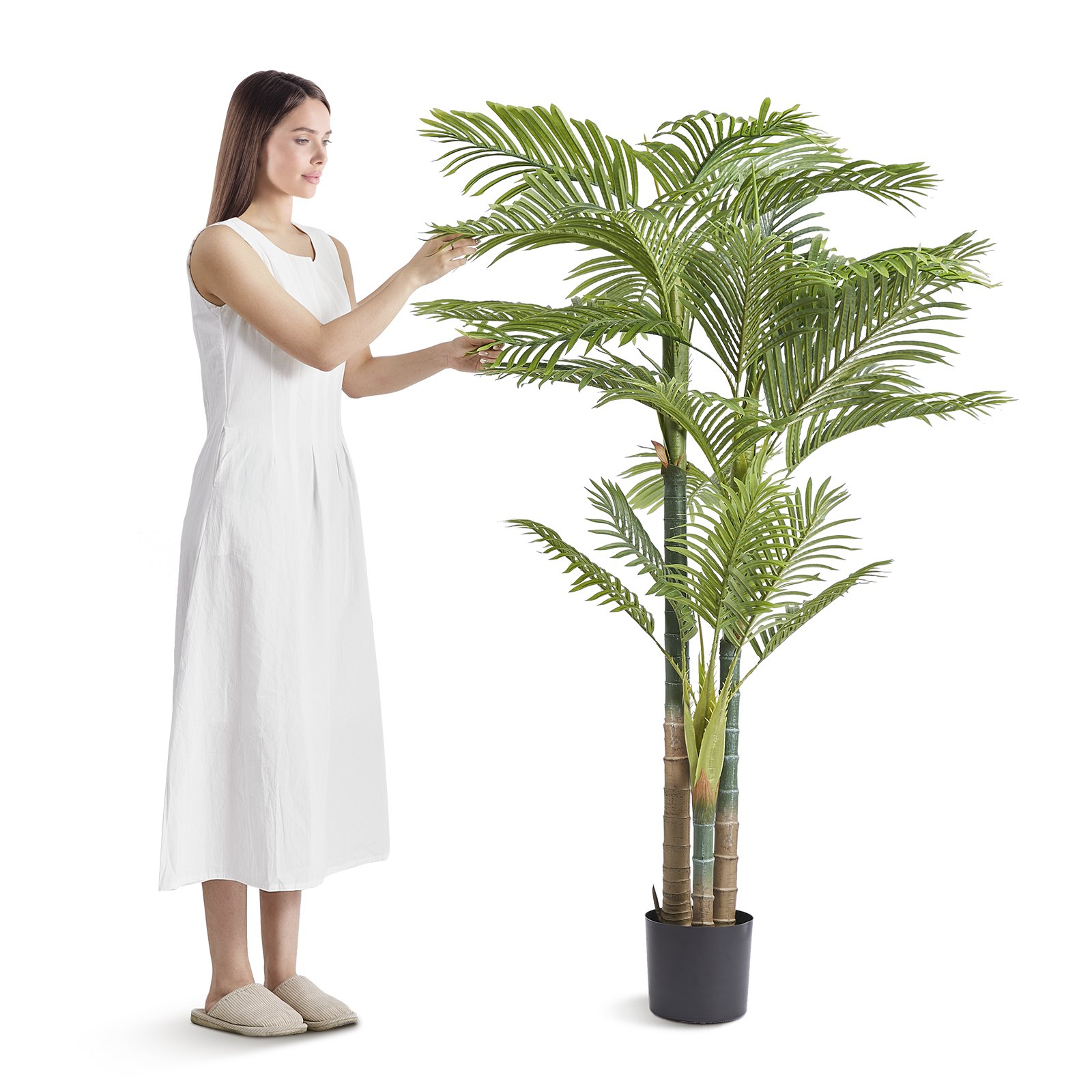 Artificial Gold Cane Palm Tree, 6.5 FT Tall Faux Plant, PE Material & Anti-Tip Tilt Protection Low-Maintenance Plant, Lifelike Green Fake Tree For Home Office Warehouse Decor Indoor Outdoor