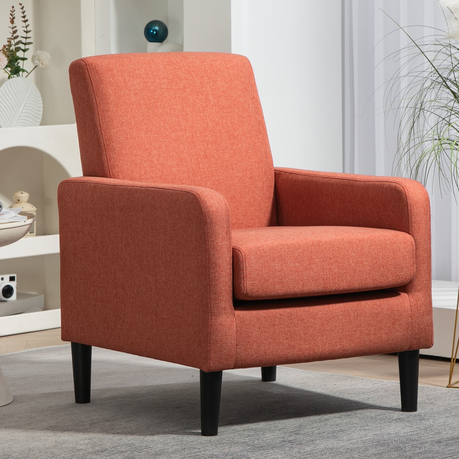 Sillón decorativo moderno tapizado en lino sintético, estructura de madera sólida