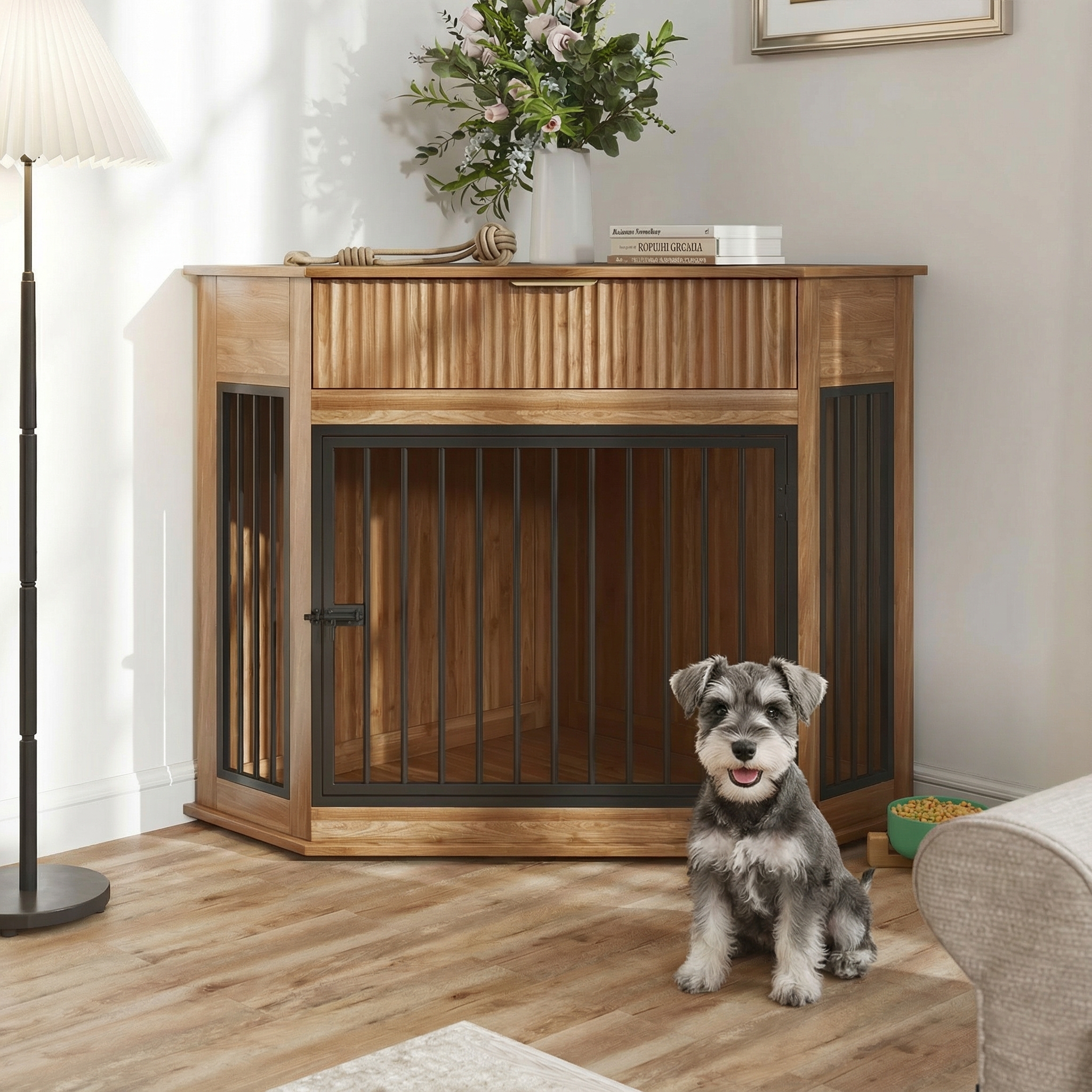 Mueble esquinero para perros de MDF de 44.6 con cajón de almacenamiento