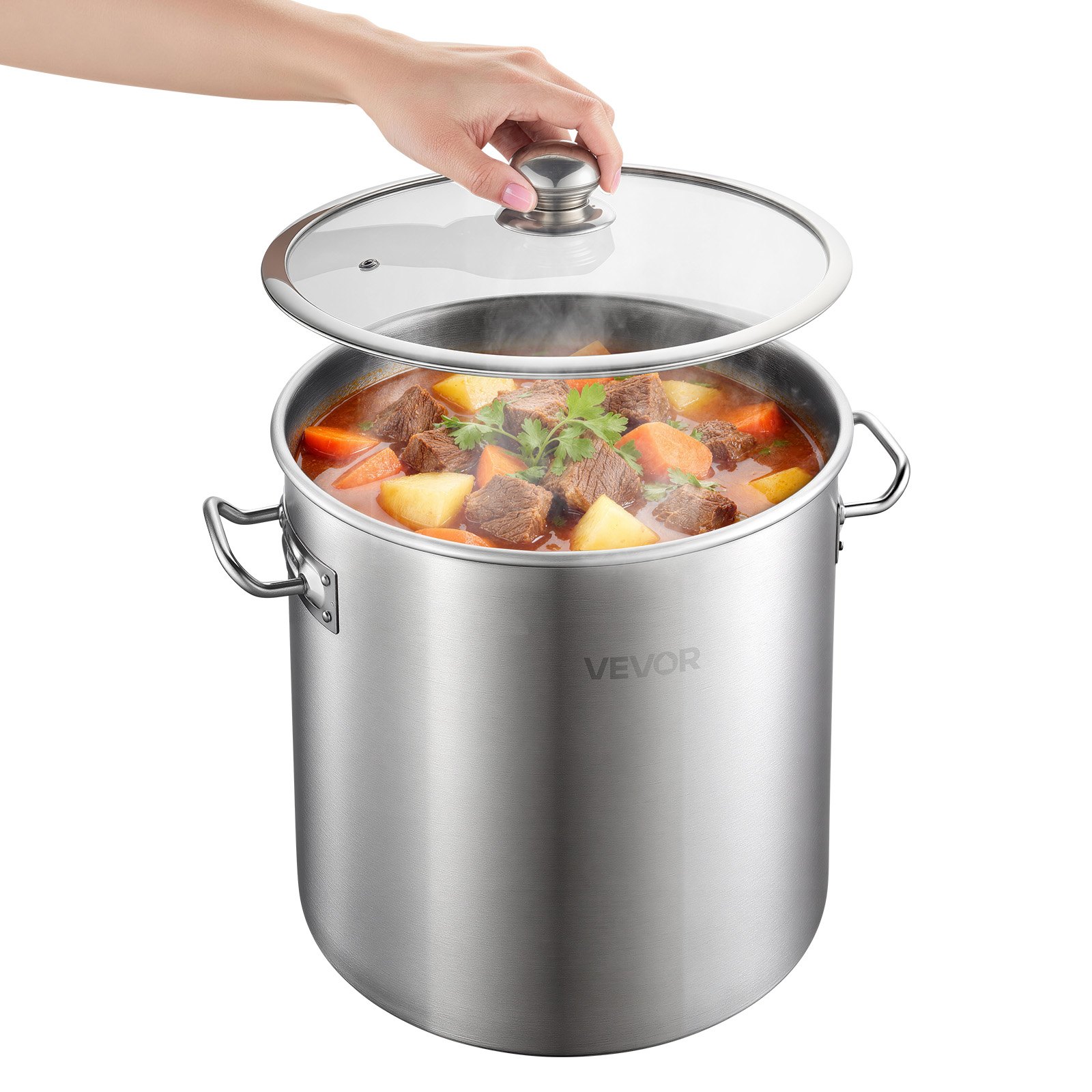Stainless Steel Stock Pot, 21-Quart Stainless Steel Stockpot With Glass Lid, PFOA-Free, PFAS-Free, Compatible With Gas Stoves, Induction Cooktops, Electric Stoves, For Soups, Stews, And Pasta