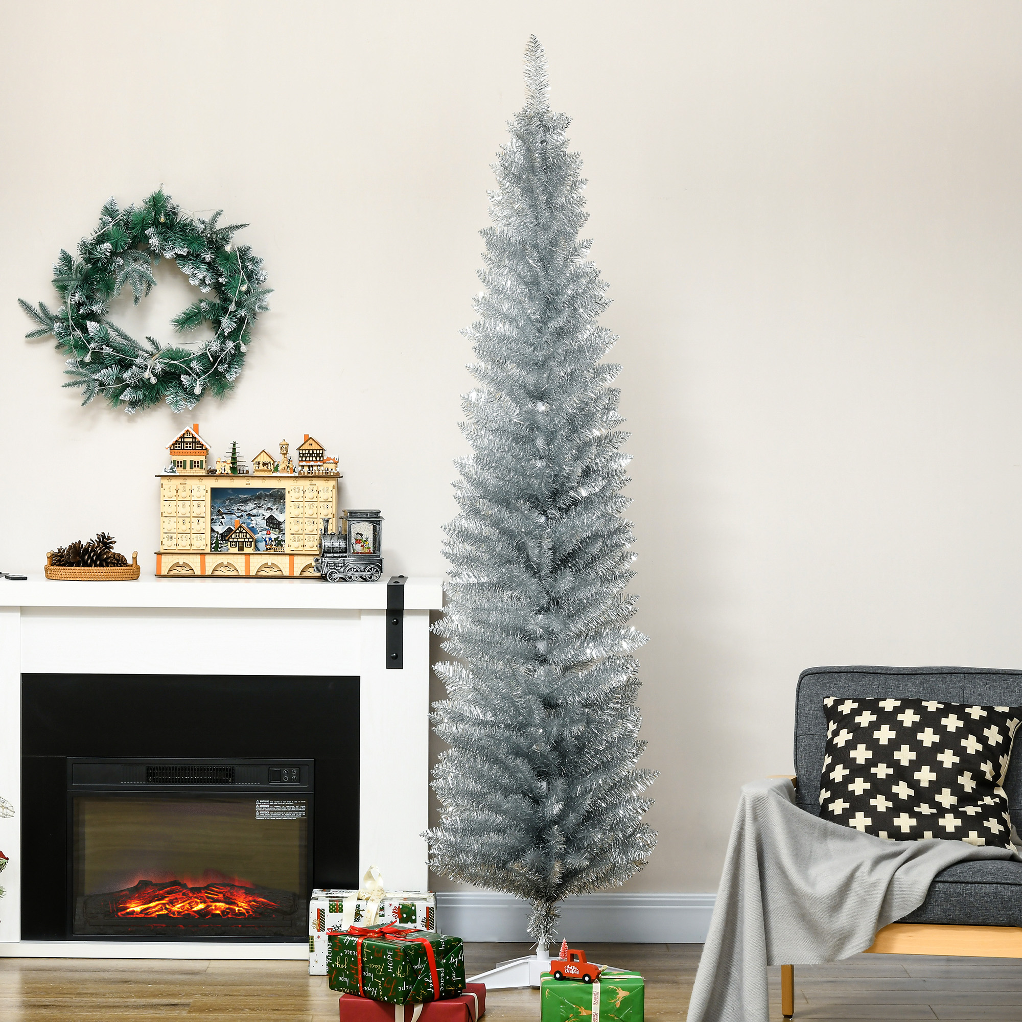 Árbol de Navidad artificial tipo lápiz, 7 pies, decorado, ramas realistas, plateado