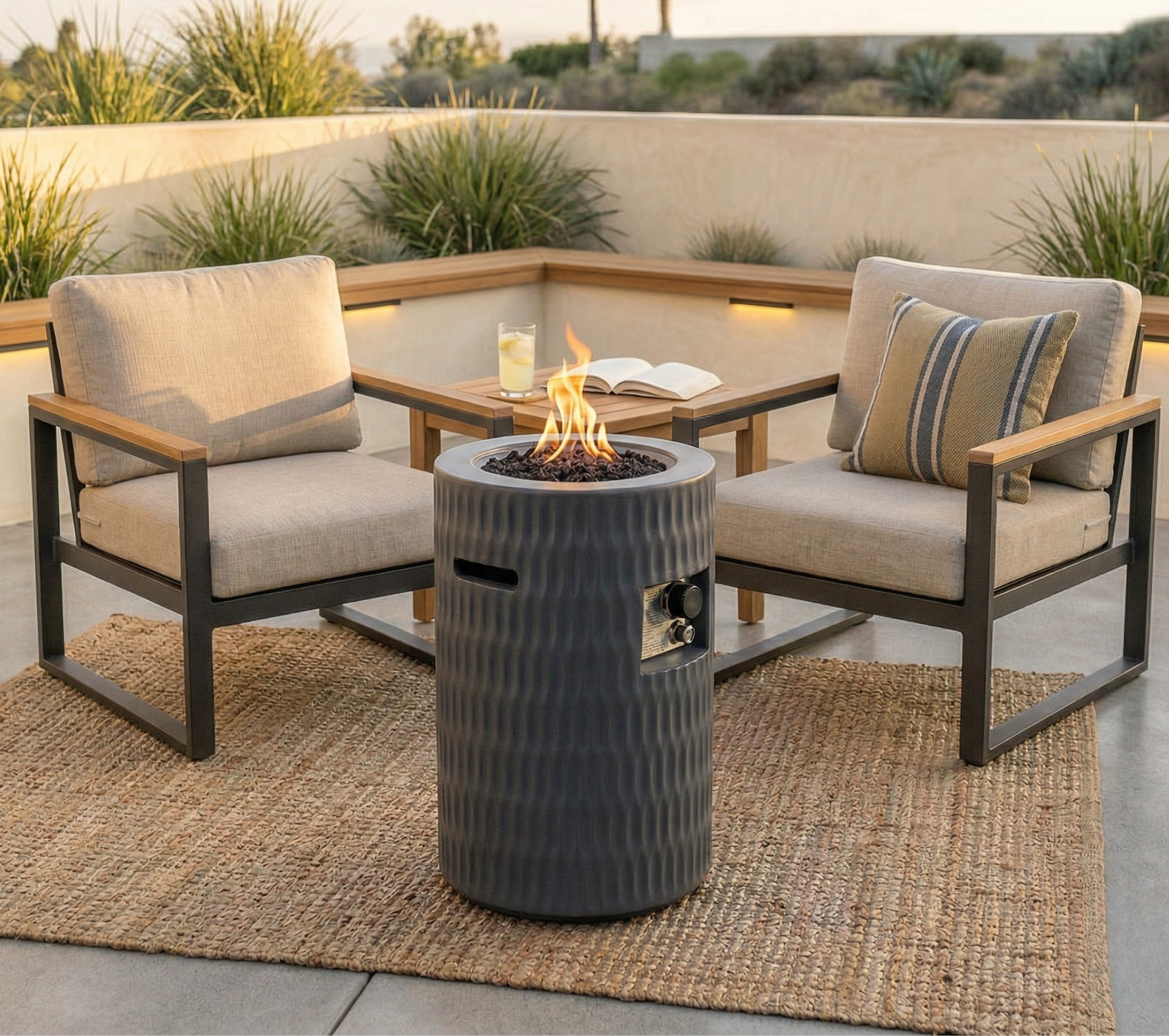 26 Propane Fire Pit Outdoor Gas Patio Fire Pit 40000 BTU Cylindrical Concrete Fire Pit With Hidden 20lb Tank Storage,Modern Textured Fire Column,Includes Lava Rocks &Waterproof Cover  Dark Grey