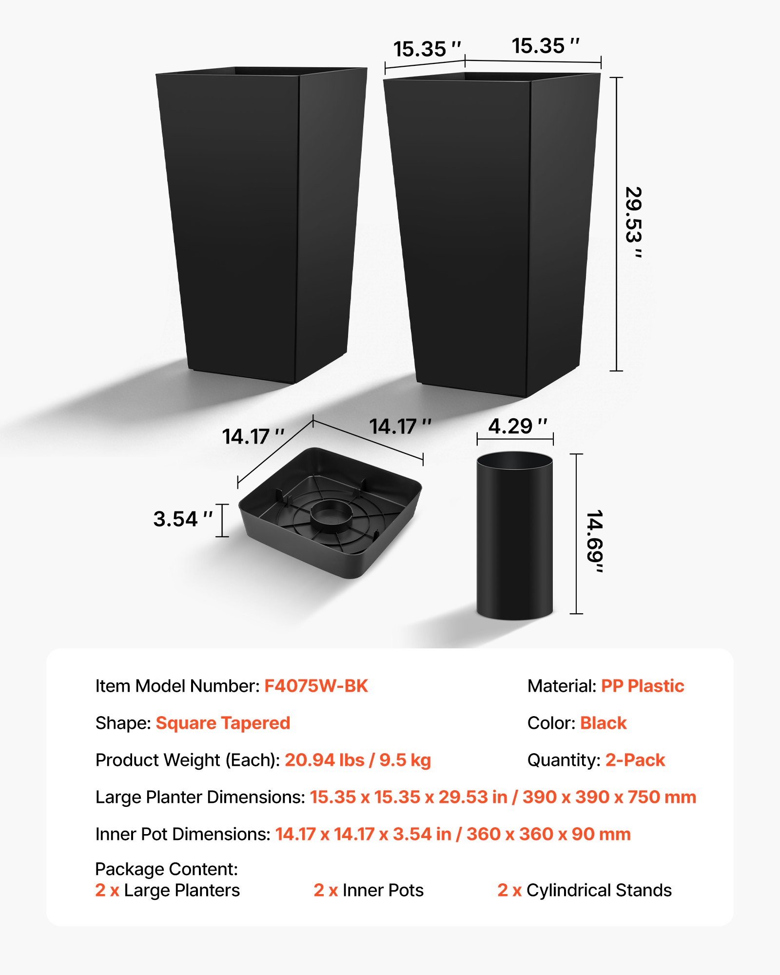 Tall Planters Set Of 2, 30 Inch Large Outdoor Taper Planters For Outdoor Indoor Plants, Front Porch Plastic Modern Flower Pots With Casters, Inner Pot & Drainage Holes For Patio, Garden, Black