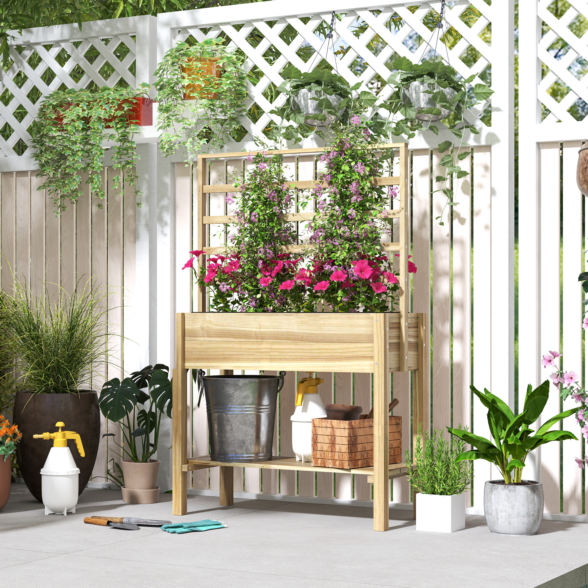 Cama de jardín elevada de madera con celosía y estante de almacenamiento