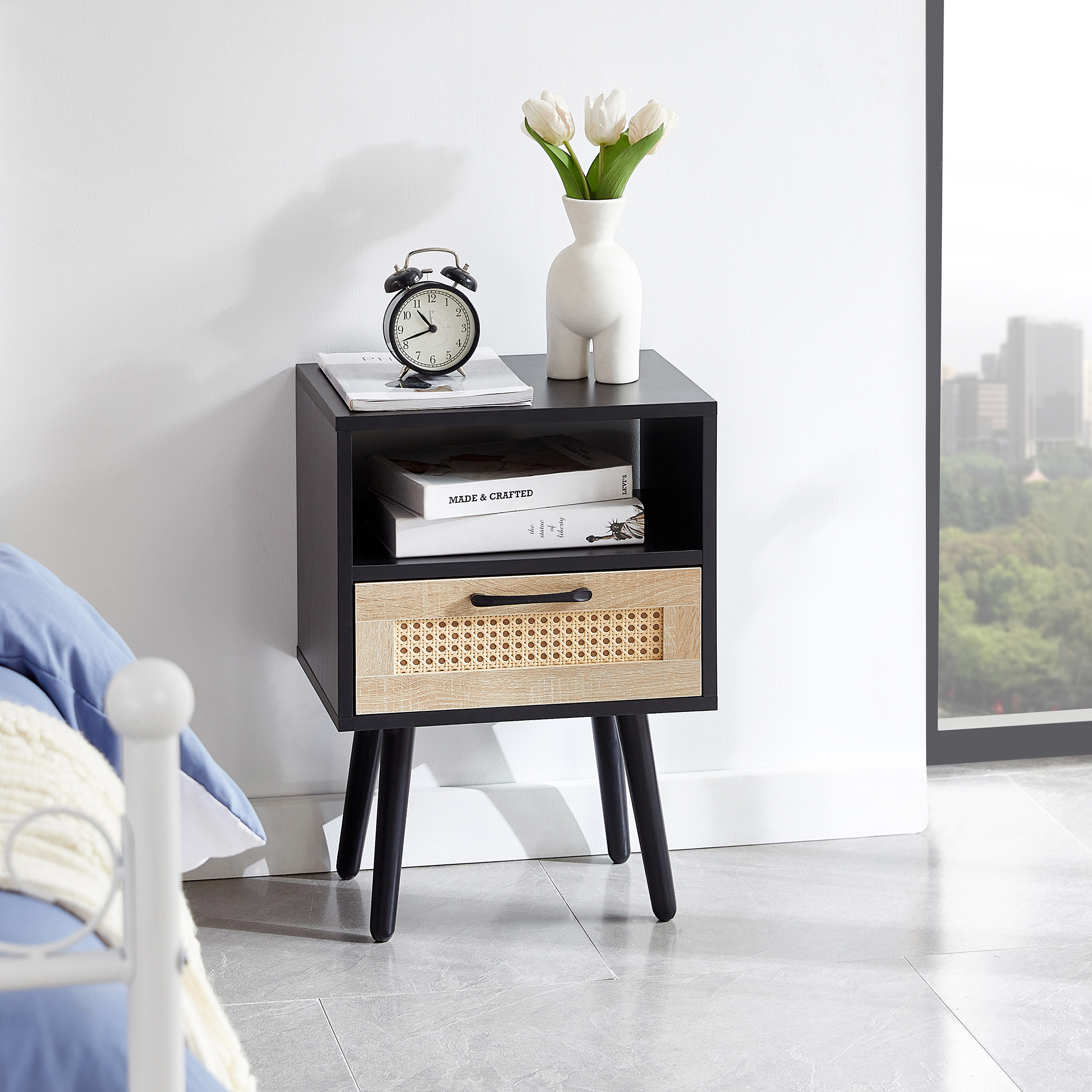 15.75  Rattan End Table With  Drawer And Solid Wood Legs, Modern Nightstand, Side Table For Living Room, Bedroom, Black