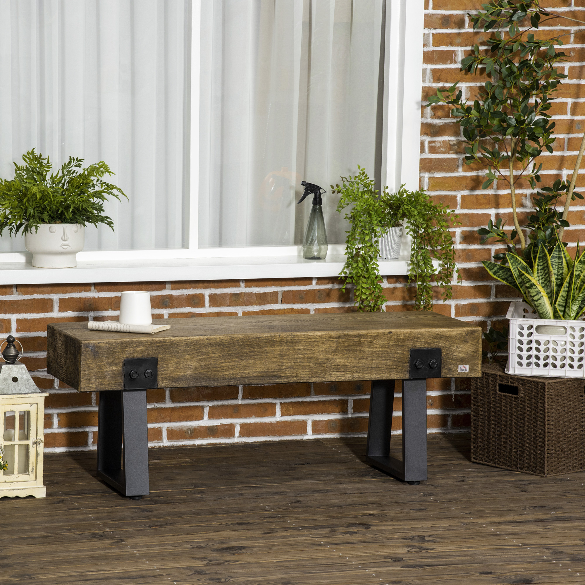Banco de jardín con patas de metal, efecto madera rústica, para interior y exterior.