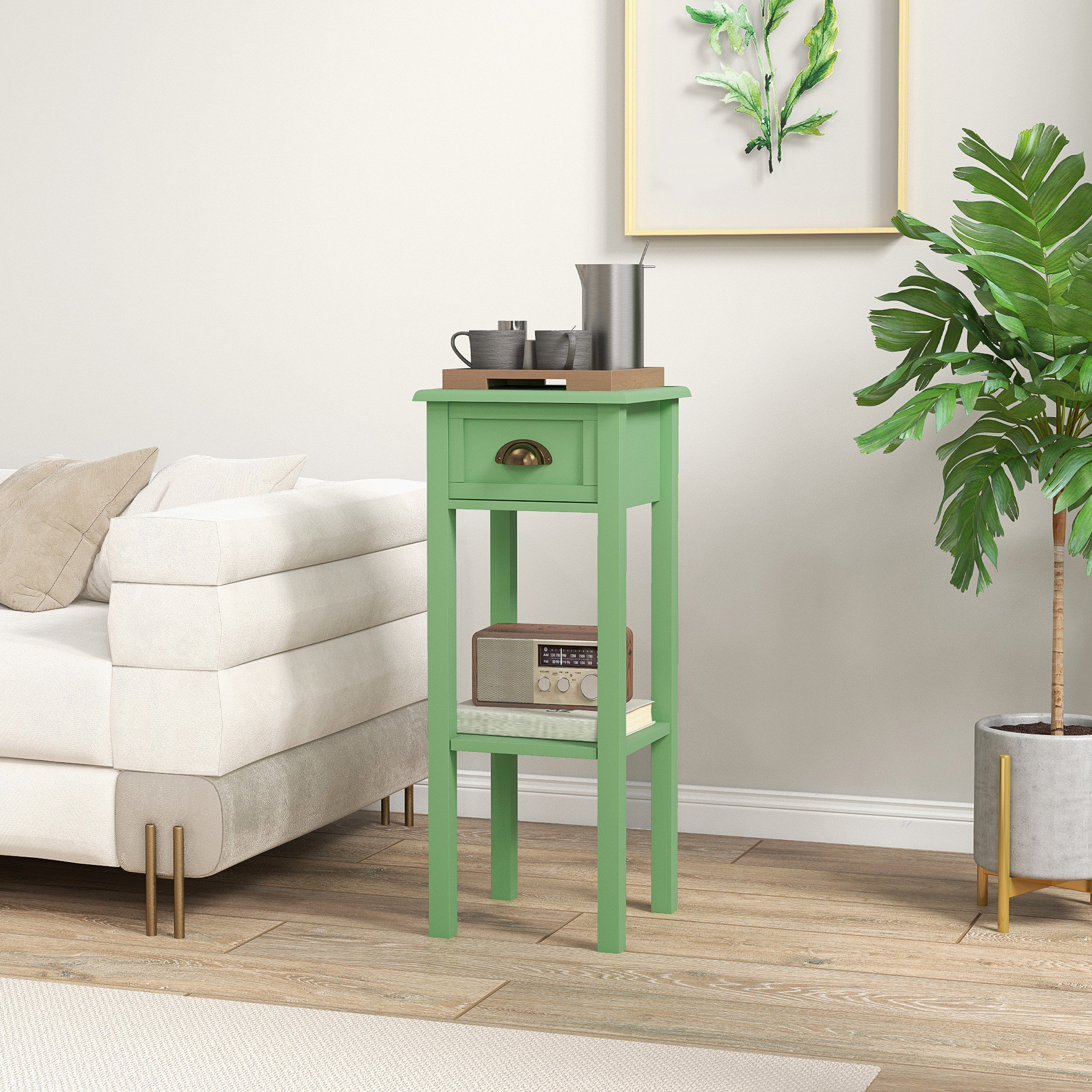 Mesa auxiliar de 2 niveles con cajón y estante, para sala o pasillo, verde.
