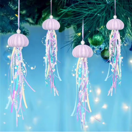 Adornos colgantes de erizo de mar (4 piezas) para árbol de Navidad, con cuerda