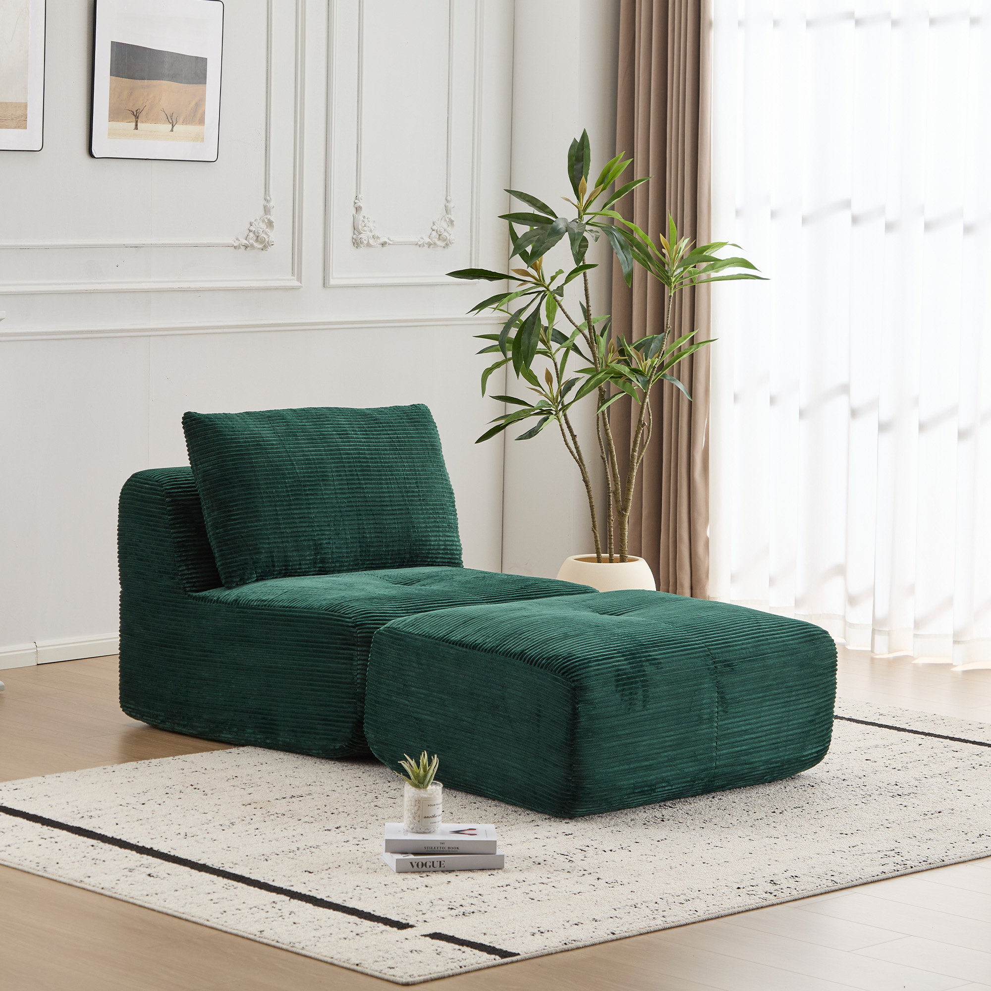 Sofá modular moderno de espuma viscoelástica, tela de pana, con otomana móvil