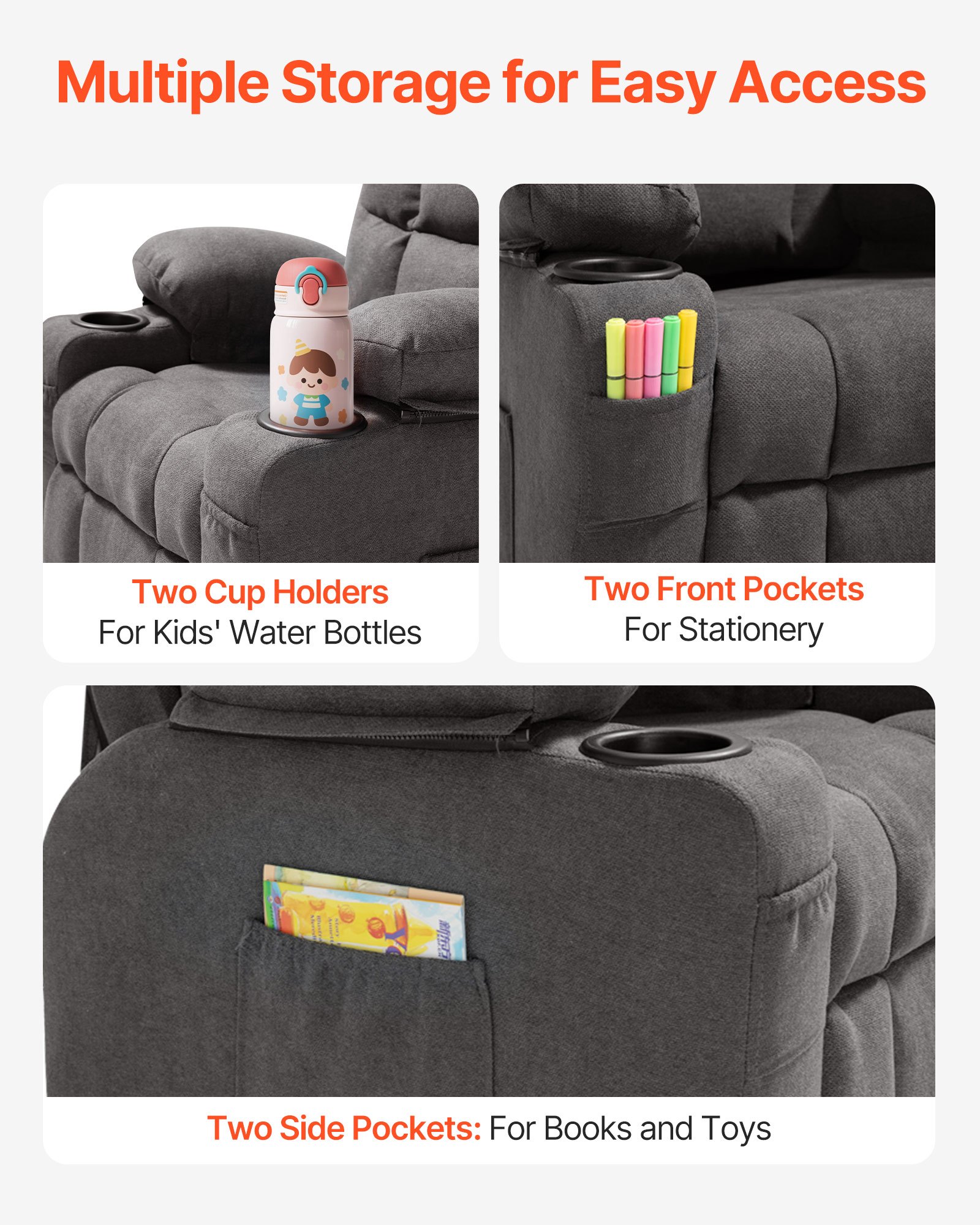 Sillón reclinable para niños con portavasos y bolsillos, respaldo ajustable, gris.