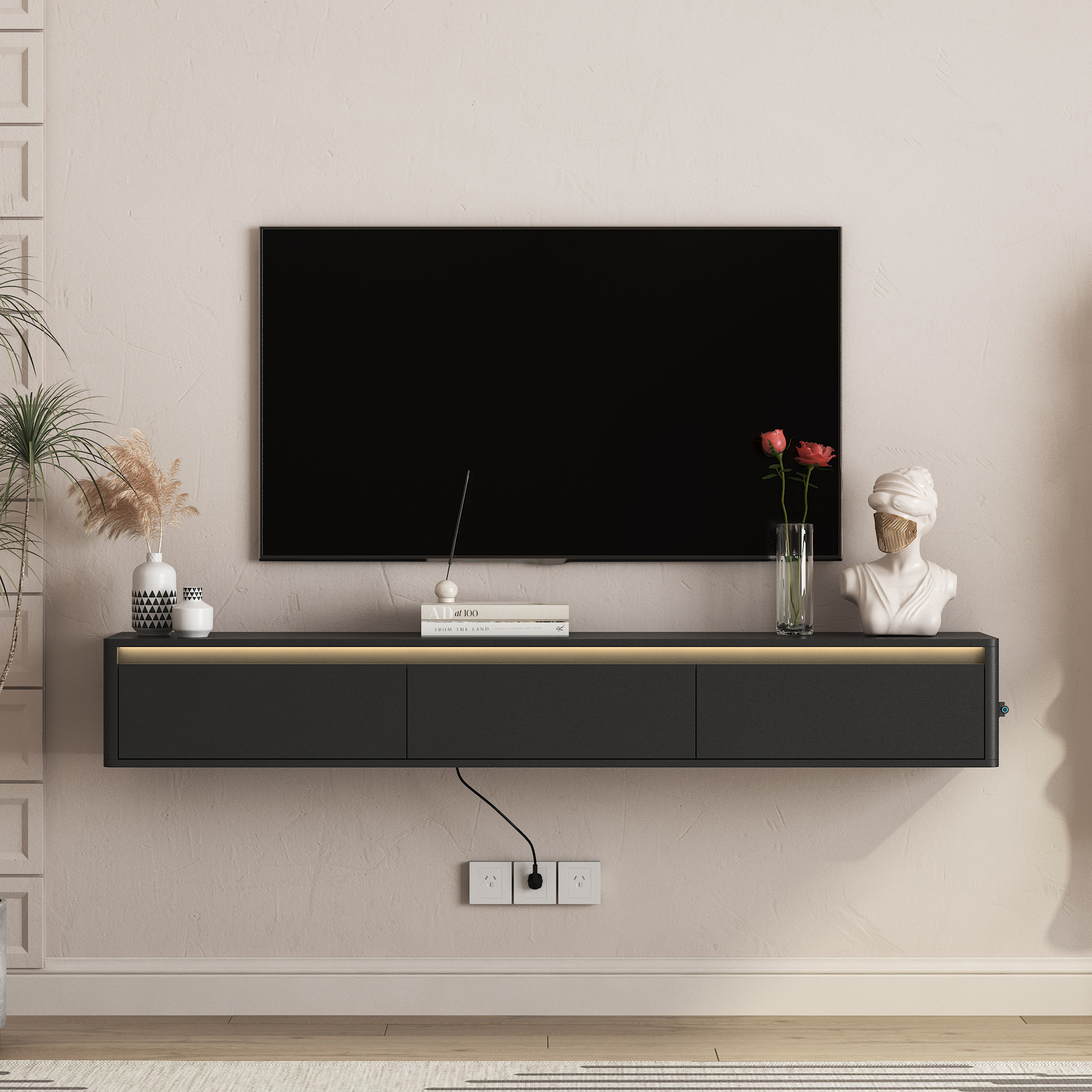 Floating TV Stand, Wall Mounted TV Shelf With Led Lights & Power Outlet,High  TV Cabinet For Black Tv Stands For Living Room