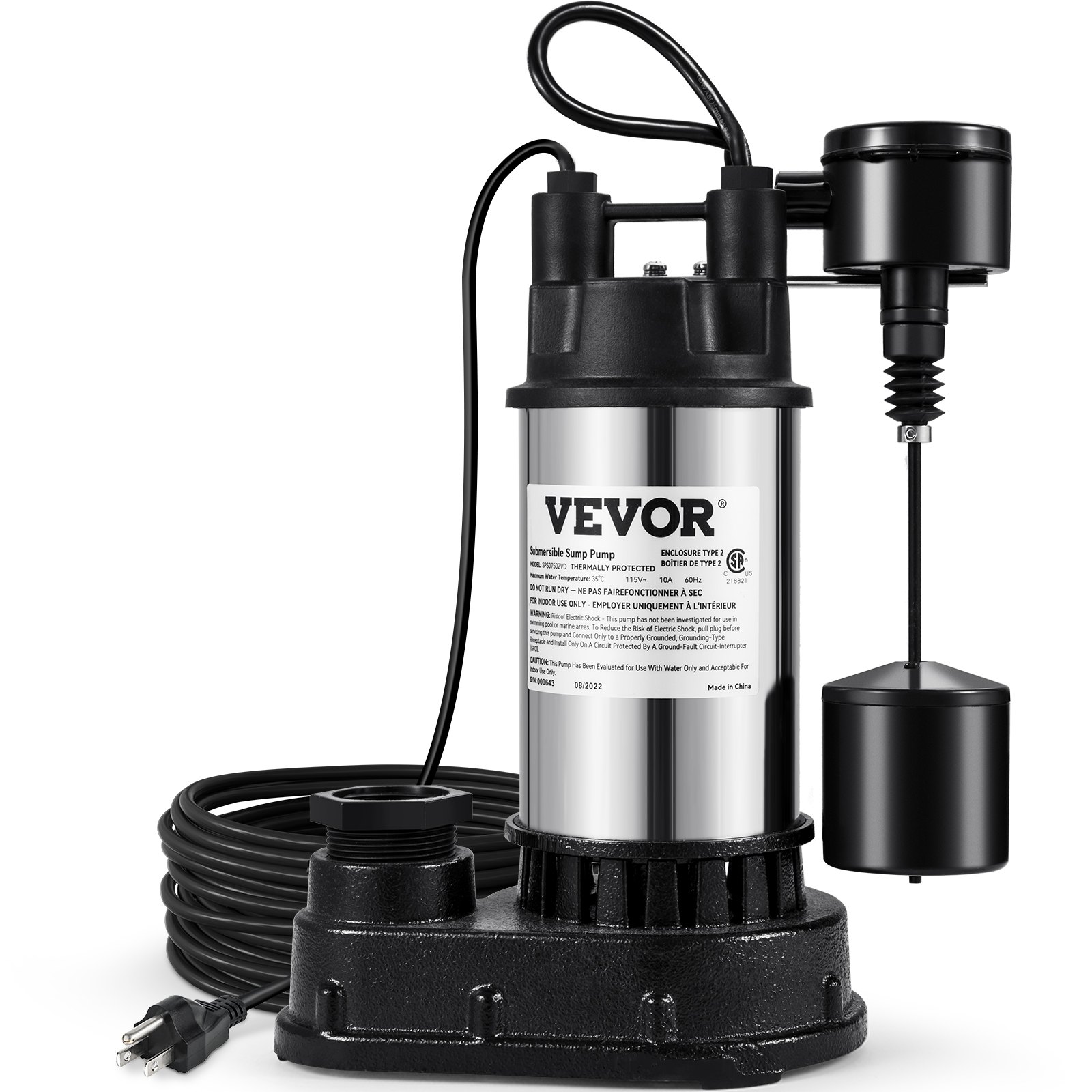 1.5 HP Submersible Cast Iron And Steel Sump Pump, 6000 GPH Submersible Water Pump With Integrated Vertical Float Switch, For Basement Water Basin And Flooding Area Tested To UL Standards