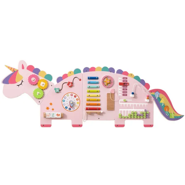 Panel de actividades de dinosaurios 11 en 1, de pared, juguete sensorial de madera, rosa.
