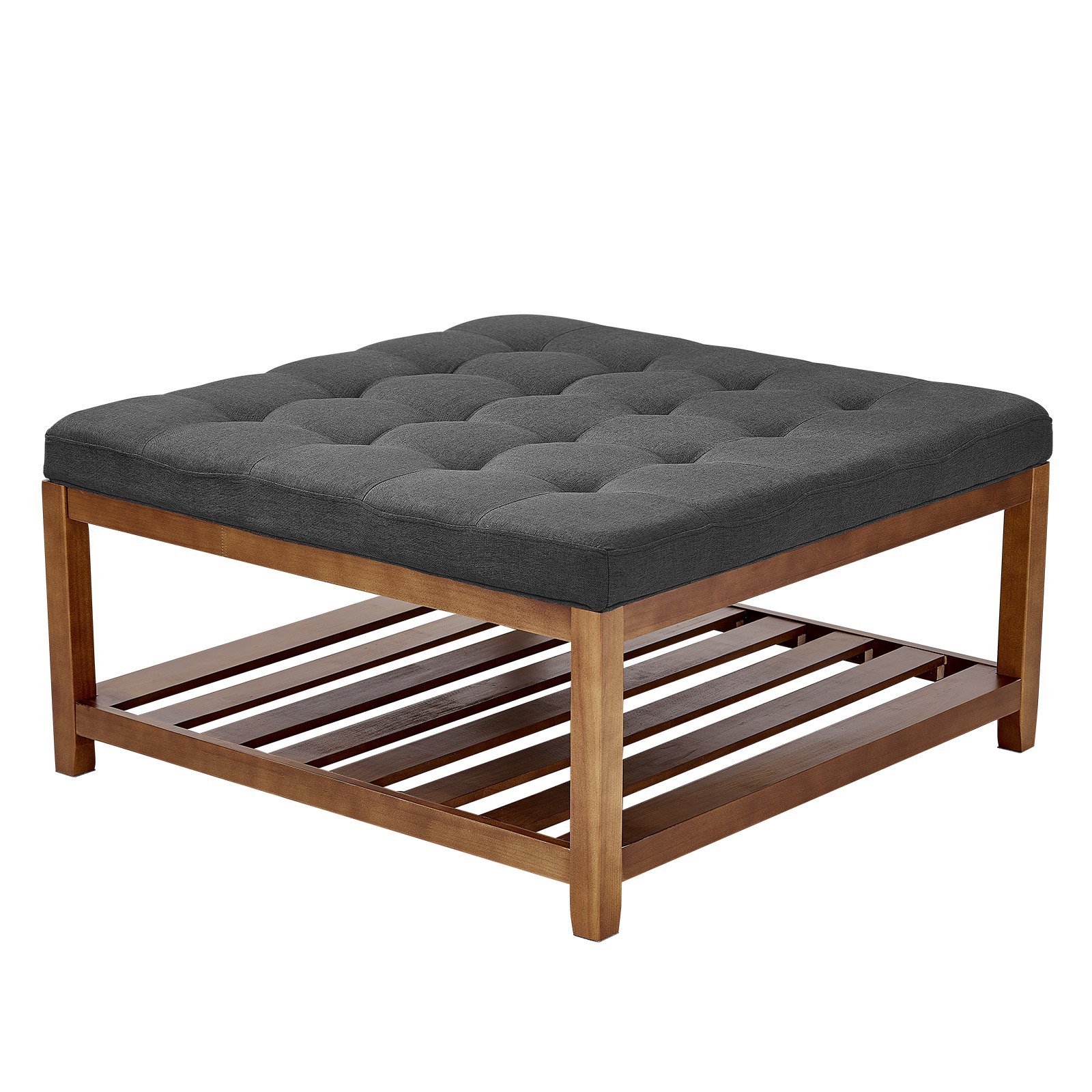 Large Square Ottoman Coffee Table, 34.5 Inch Tufted Coffee Table With Solid Wood Shelf Storage, Linen Solid Upholstered Footrest Ottoman For Bedroom Living Room, 400 LBS, Dark Gray